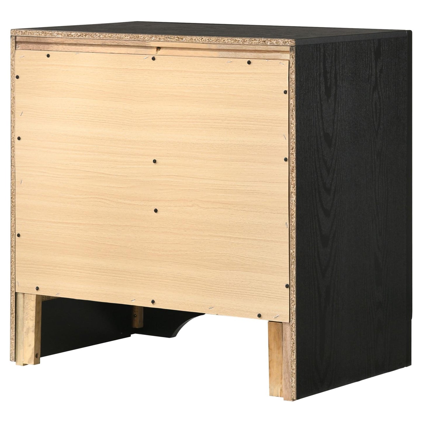 Black particleboard bedside table rear view showing unfinished interior panels and wooden legs