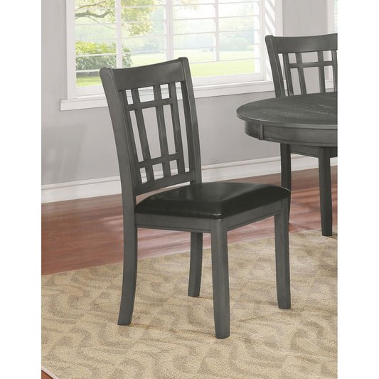 Dark gray wooden dining chair with upholstered seat and lattice back design