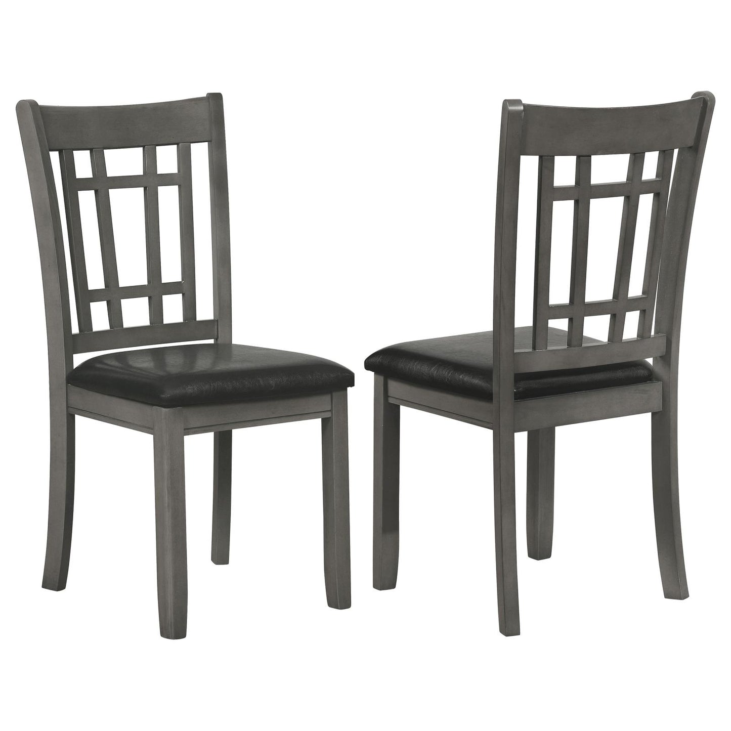 Two grey wooden dining chairs with black faux leather seats and slat back design