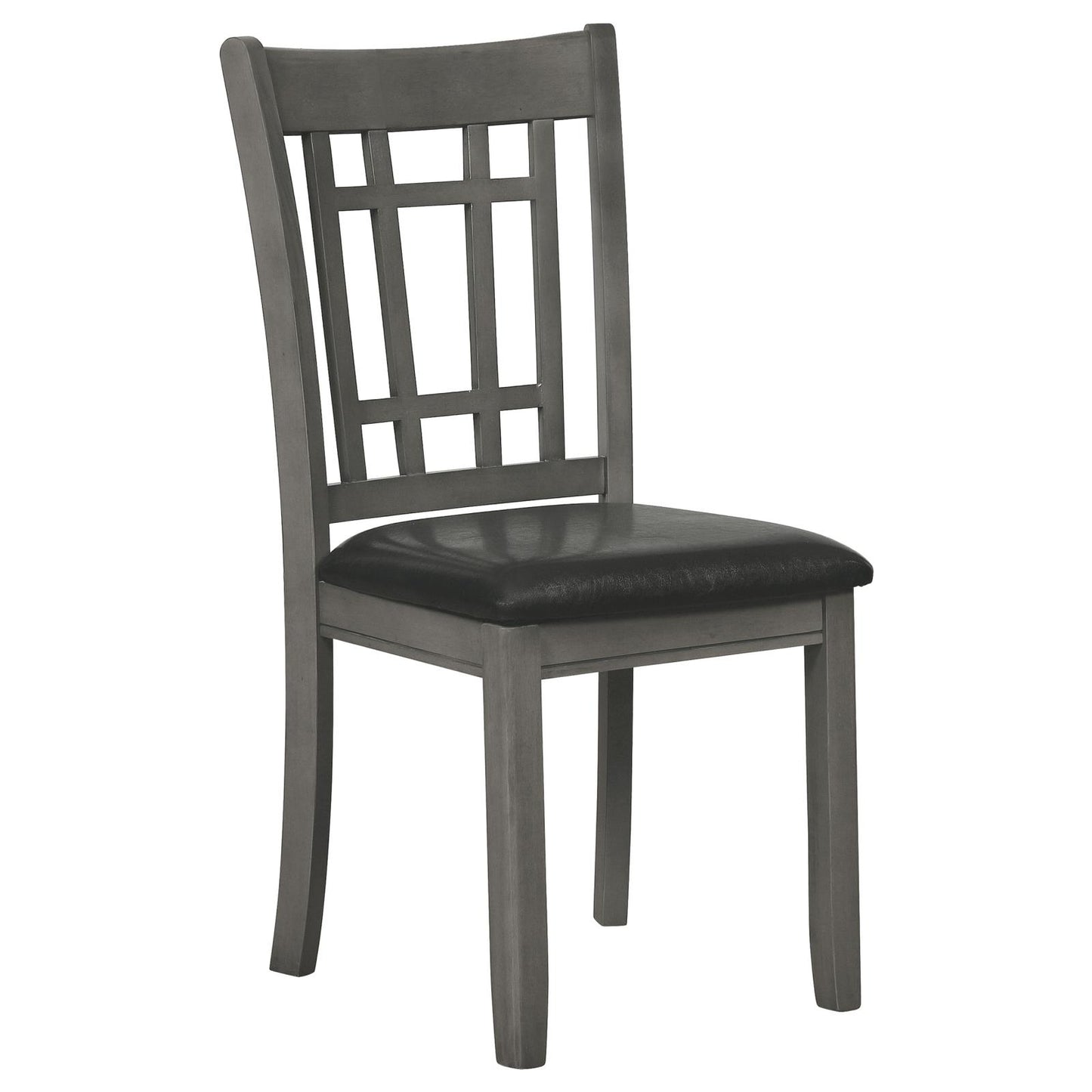 Grey wooden dining chair with a lattice back and dark upholstered seat