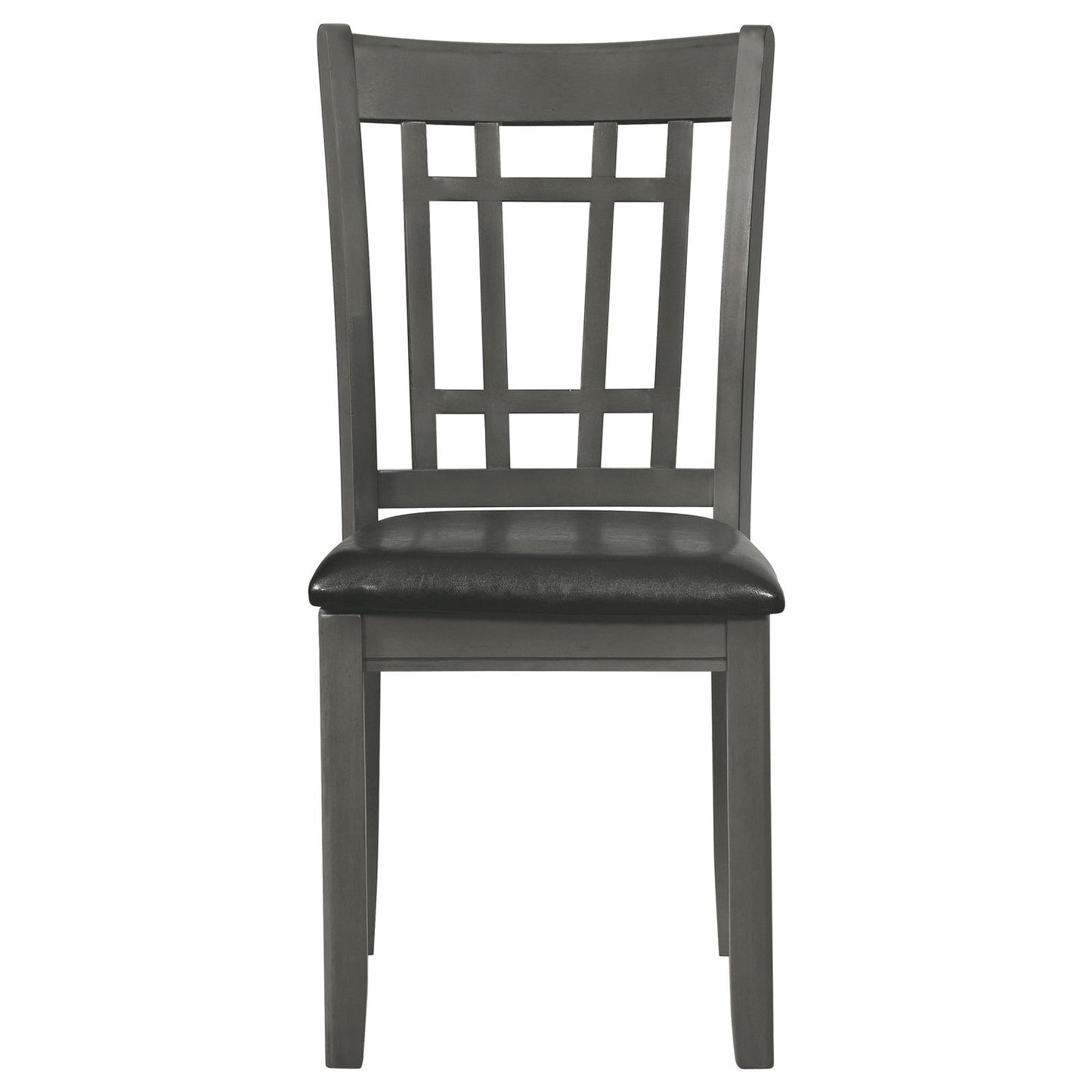 Gray wooden dining chair with dark upholstered seat and slatted back