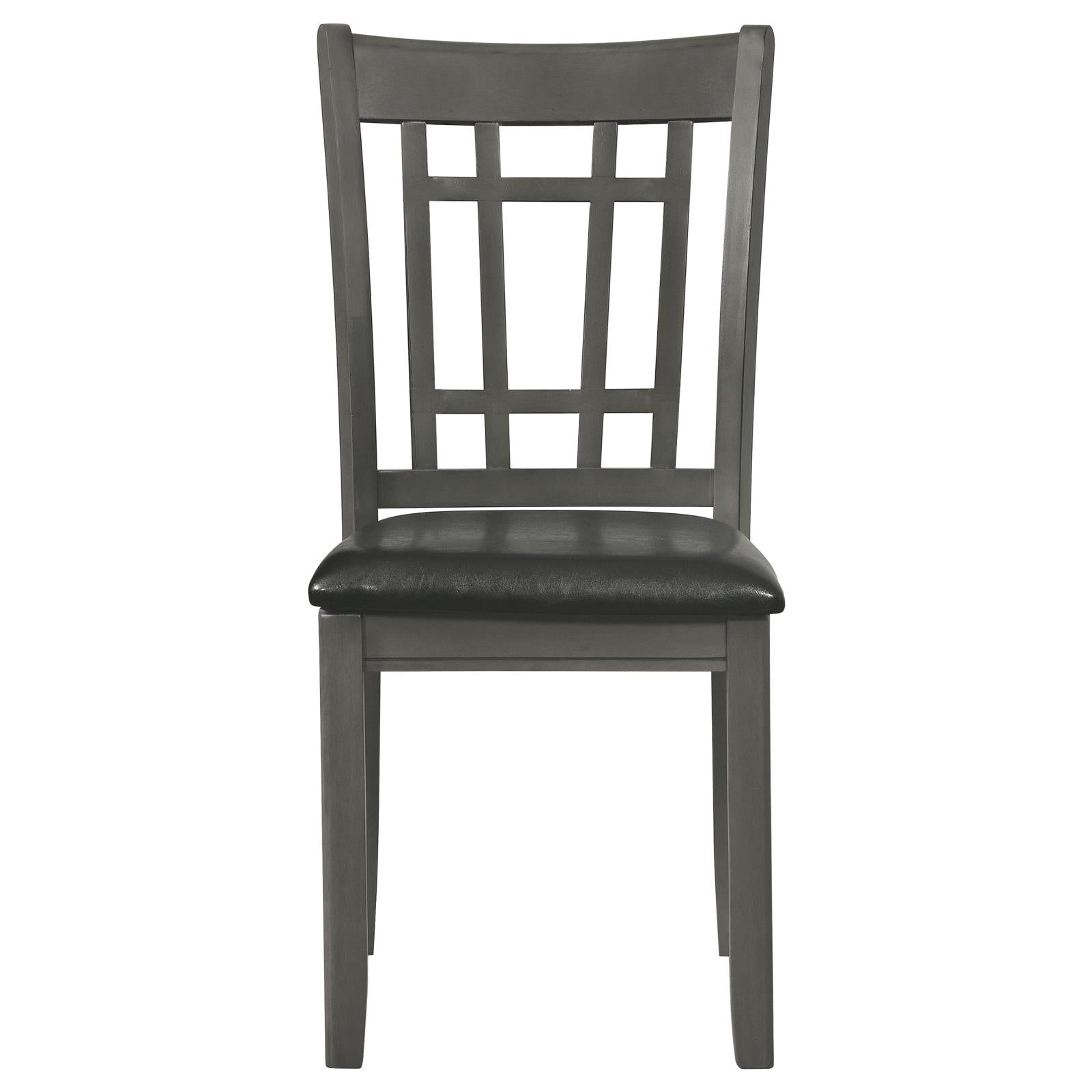 Gray wooden dining chair with dark upholstered seat and slatted back