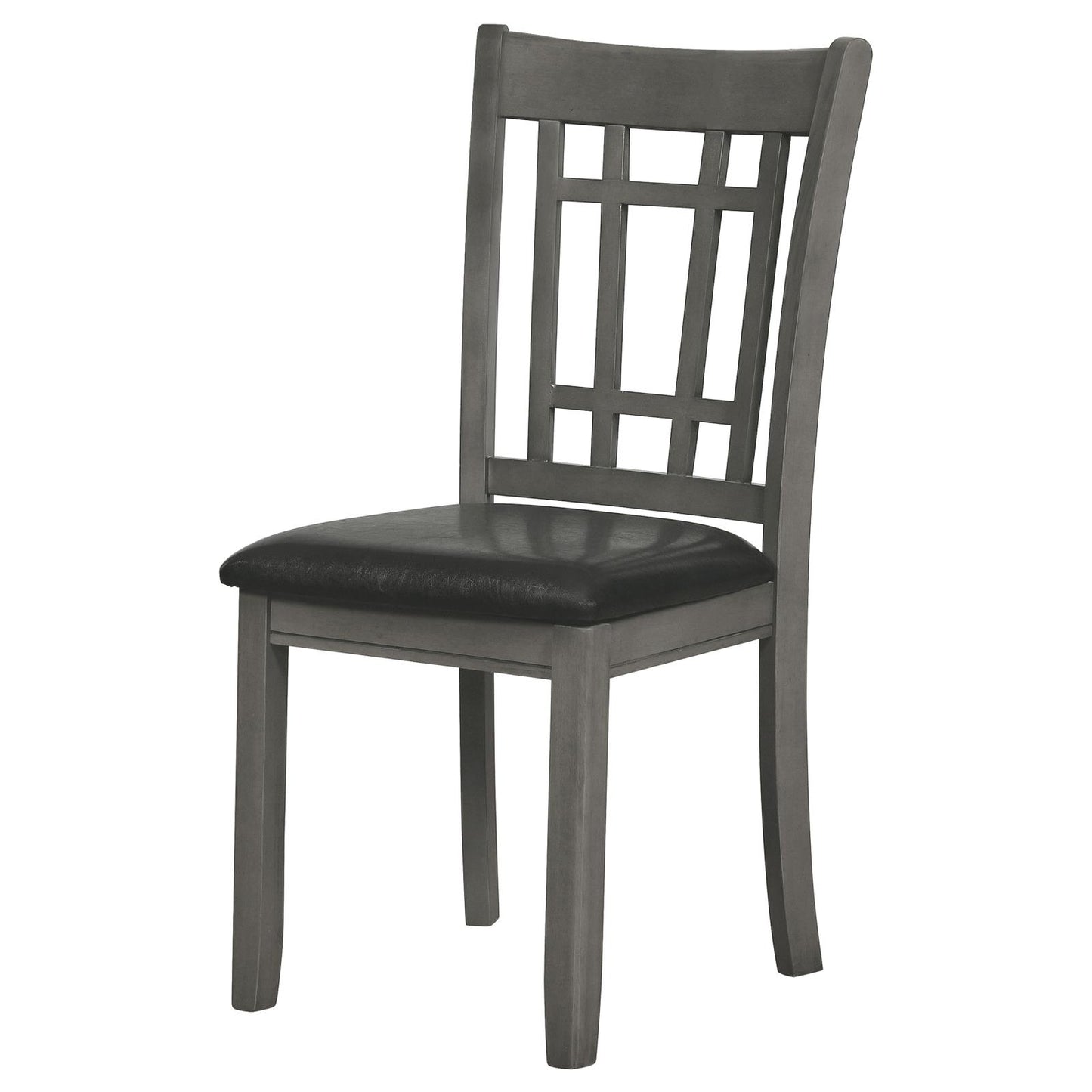 Gray wooden dining chair with a black upholstered seat and slatted back design