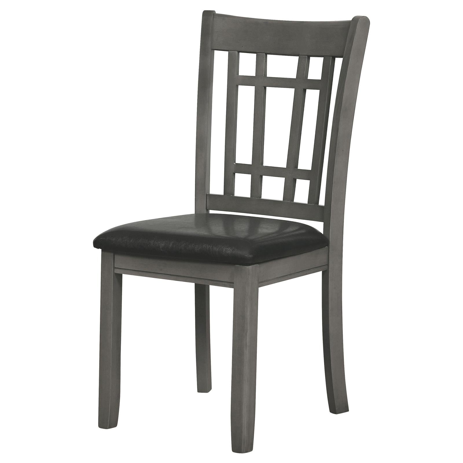 Gray wooden dining chair with a black upholstered seat and slatted back design