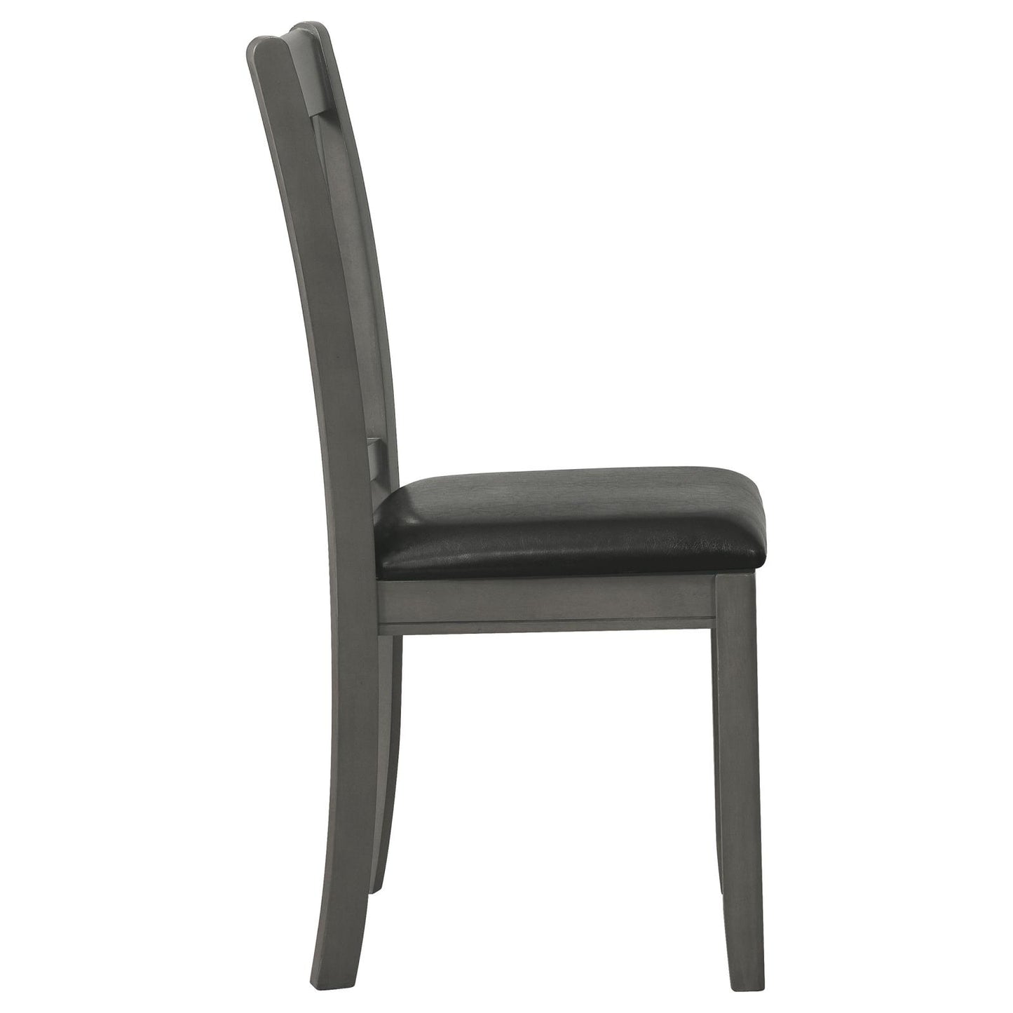 Dark gray upholstered dining chair with a wooden frame shown in profile