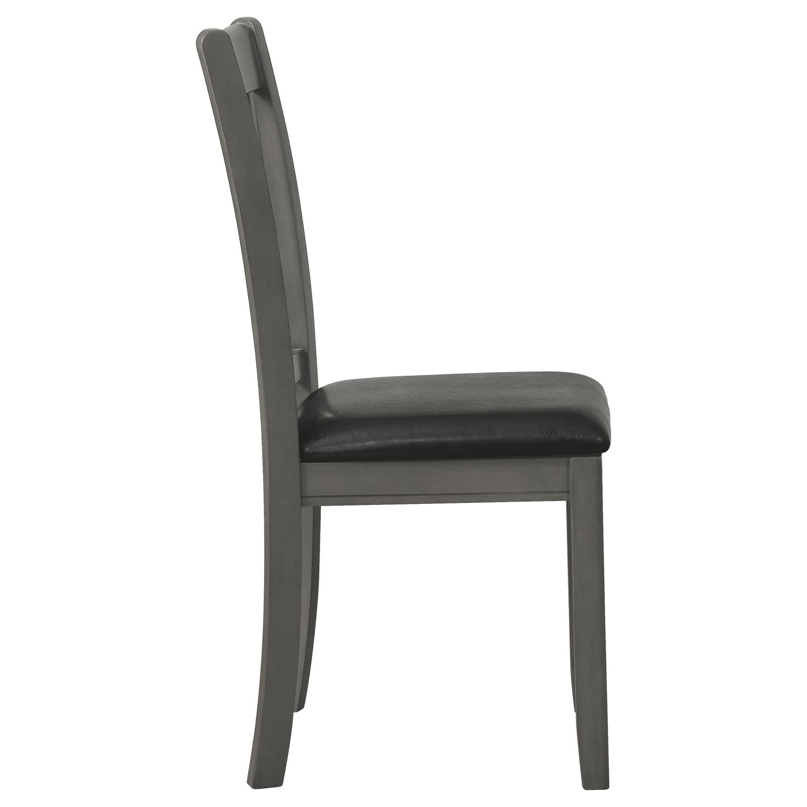 Dark gray upholstered dining chair with a wooden frame shown in profile