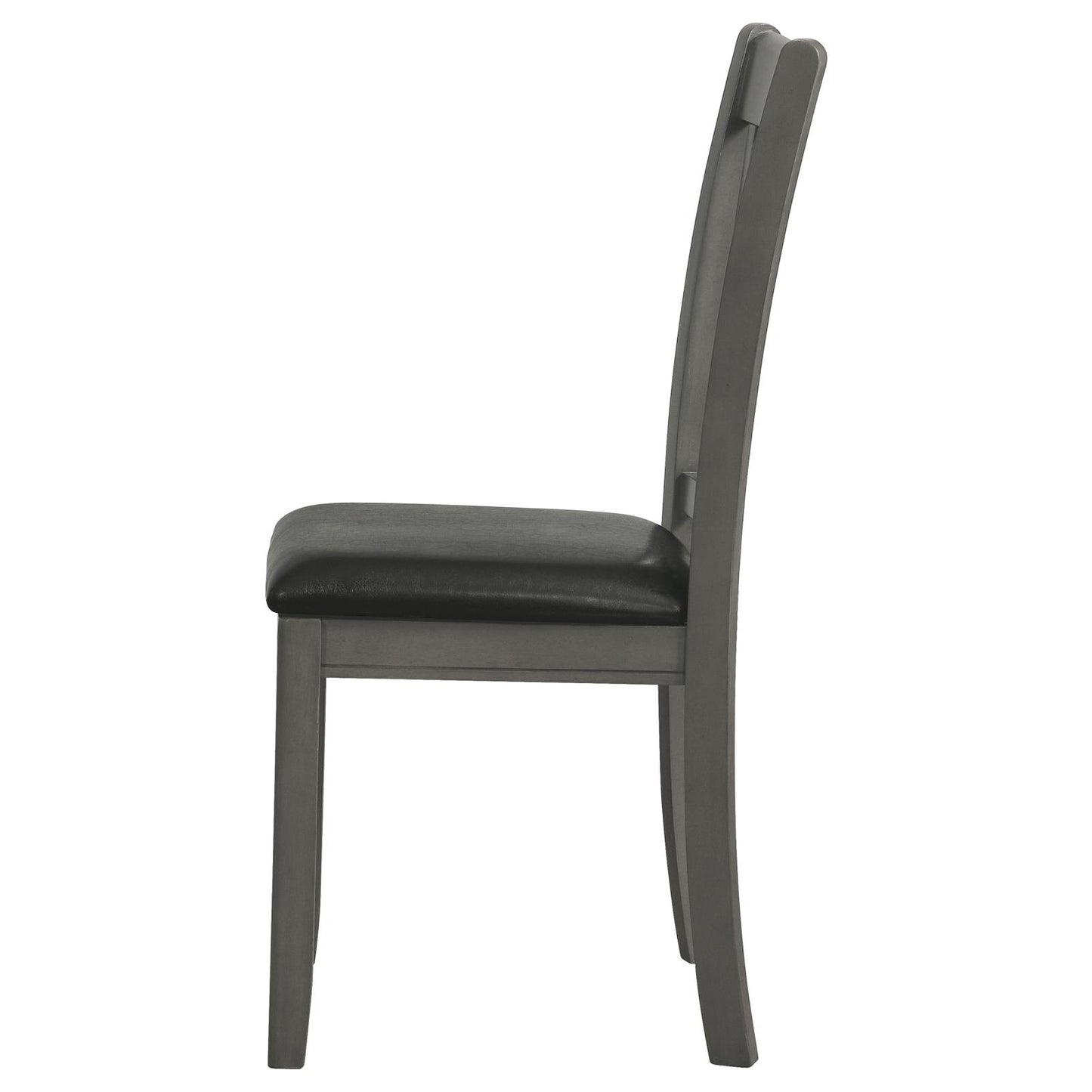 Grey upholstered dining chair with wooden frame side view