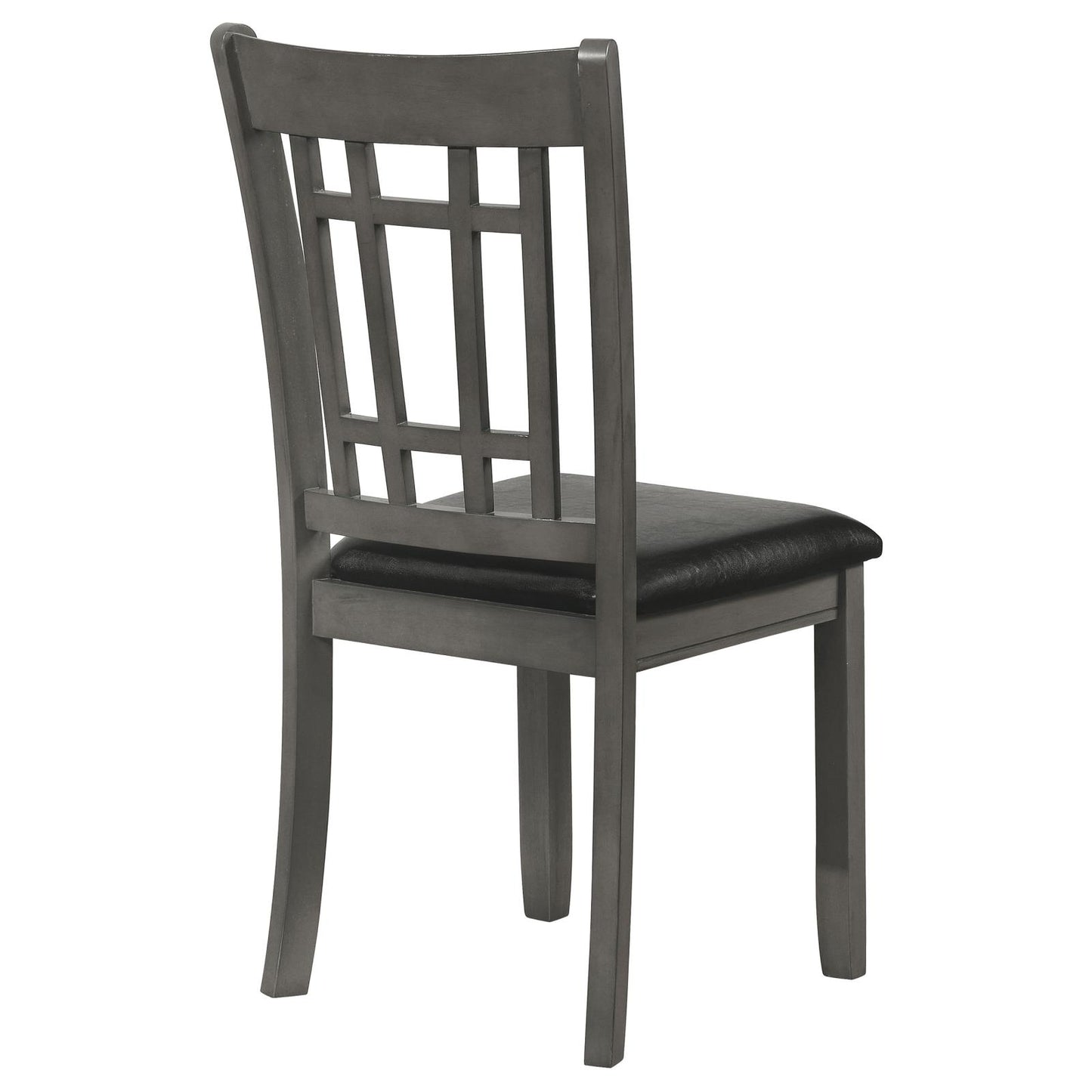 Dark gray wooden dining chair with black upholstered seat and geometric backrest