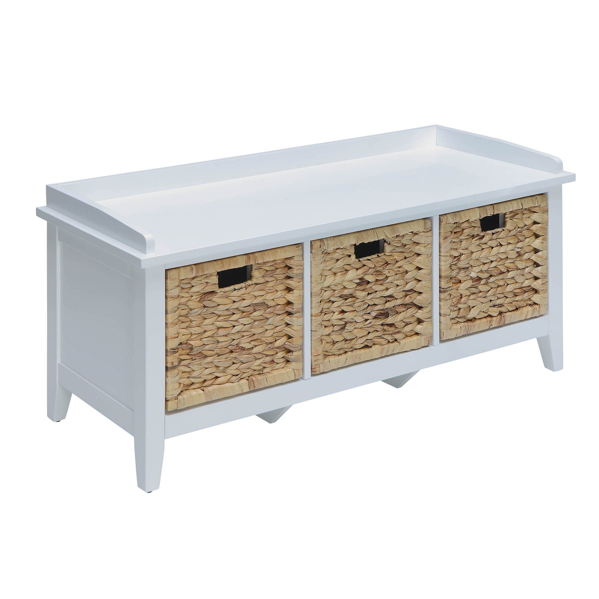 White storage bench with three woven basket drawers ideal for entryway organization