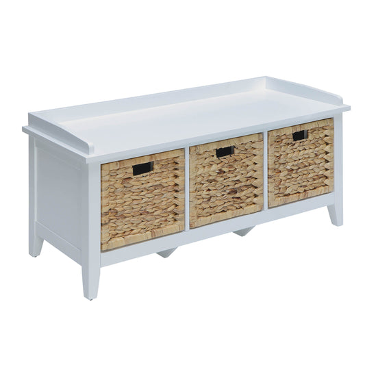 White storage bench with three woven basket drawers ideal for entryway organization