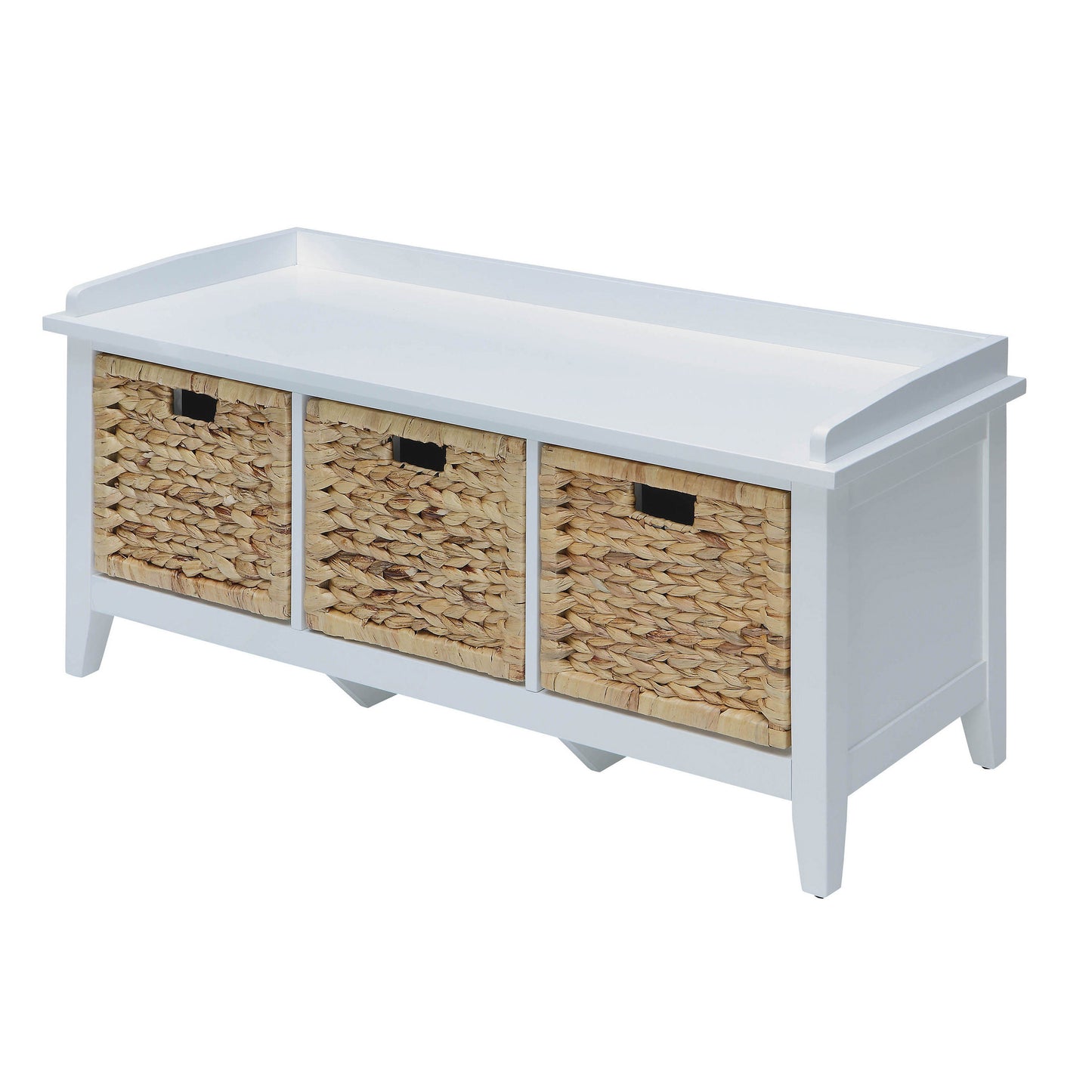White wooden storage bench with three woven hyacinth baskets for entryway organization
