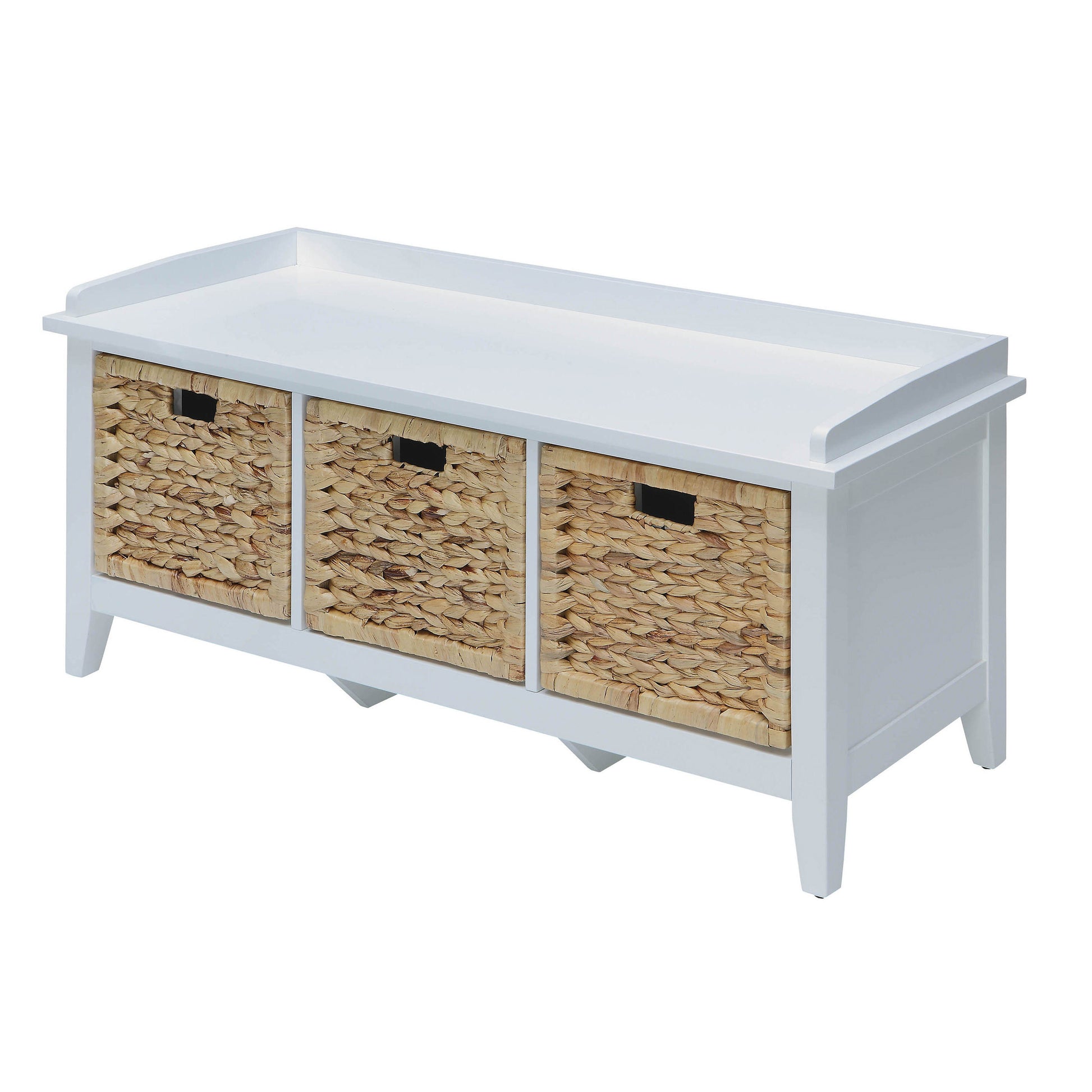 White wooden storage bench with three woven hyacinth baskets for entryway organization