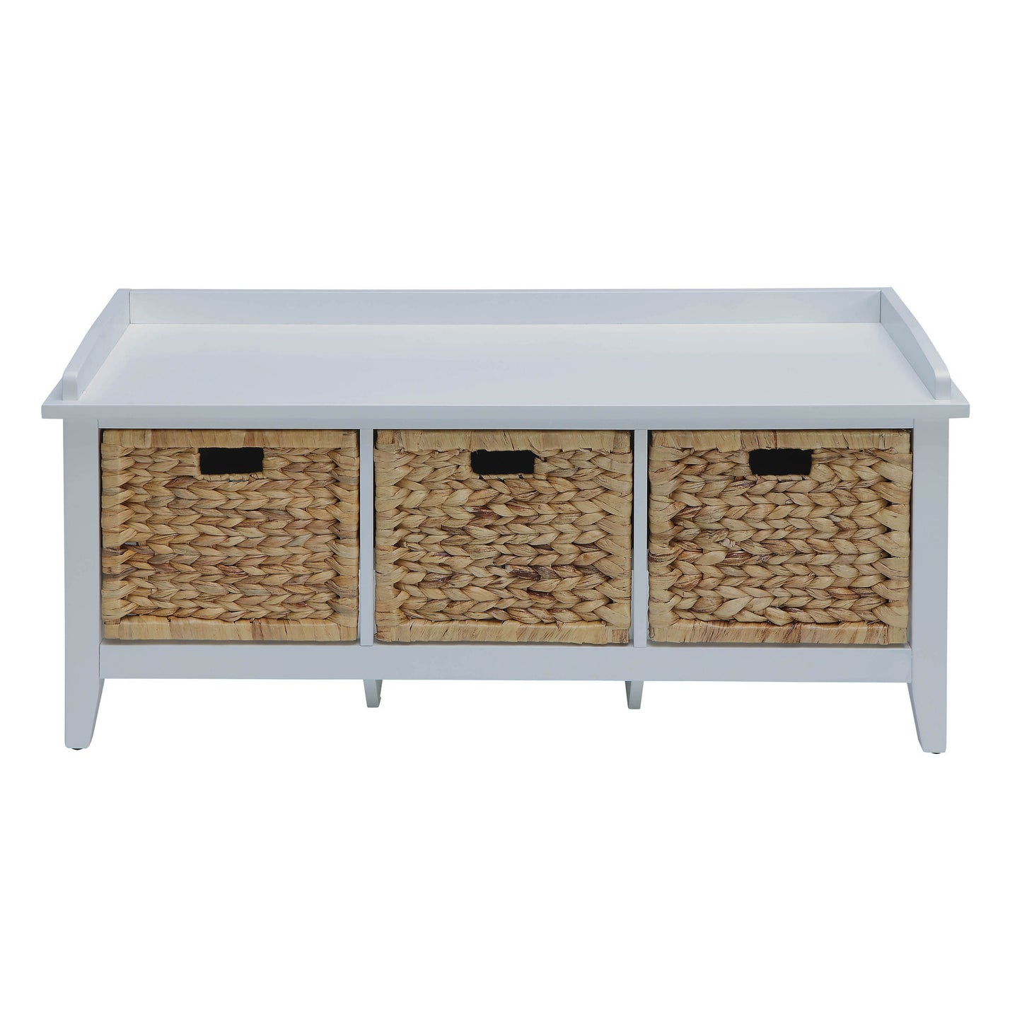 White storage bench with three natural woven hyacinth baskets and black handles