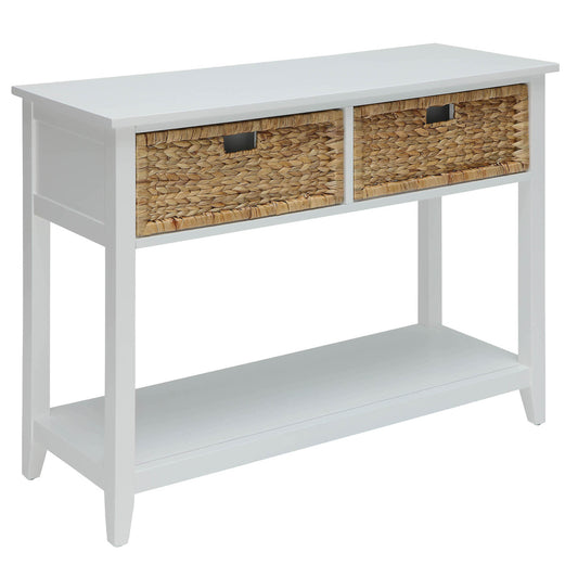 White wooden console table with two woven basket drawers and open shelf