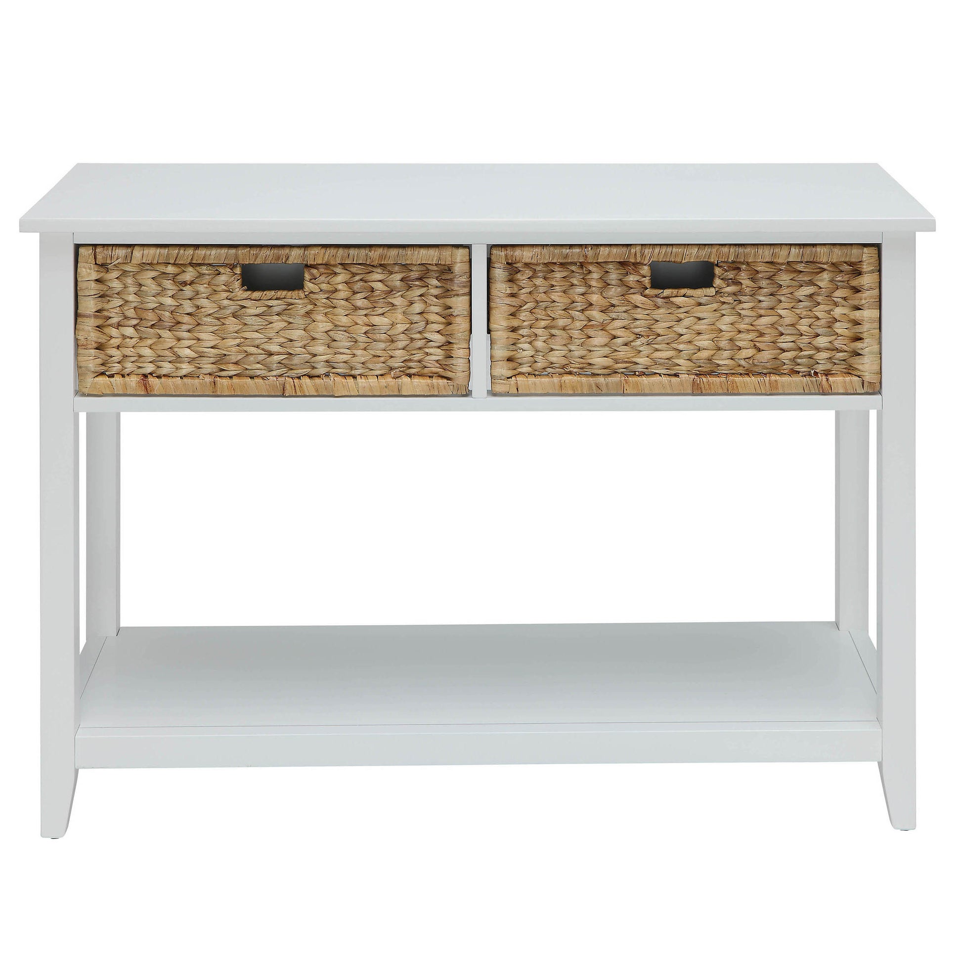 White console table with two woven storage baskets and a lower shelf