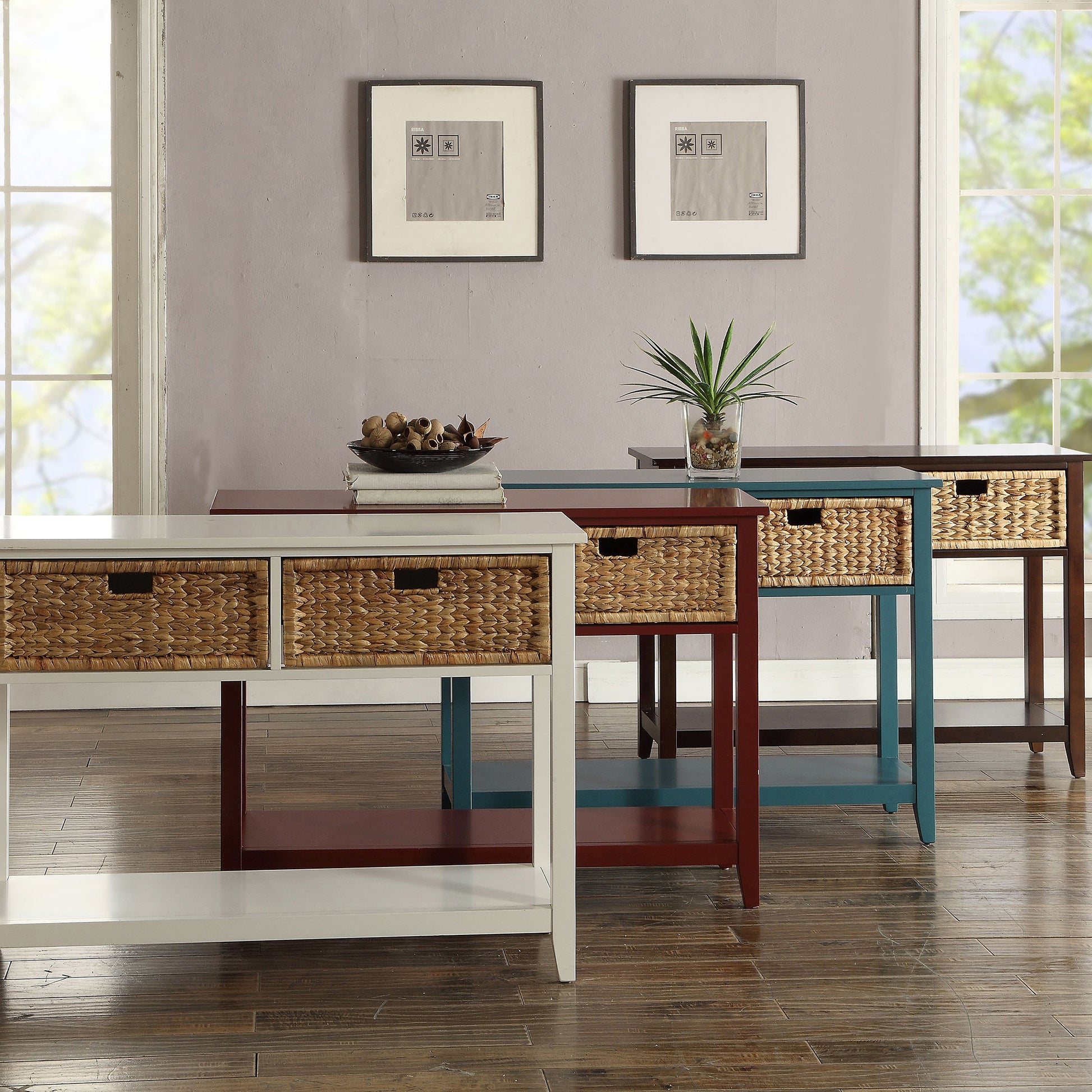 White console table with two woven storage baskets and open bottom shelf