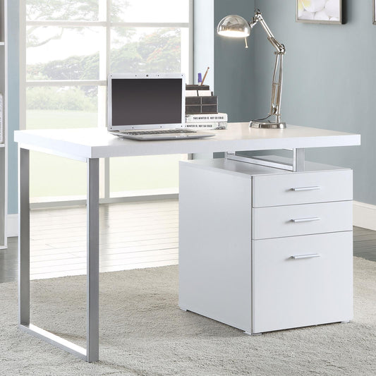 Modern white laminate writing desk with silver legs and a threedrawer filing cabinet