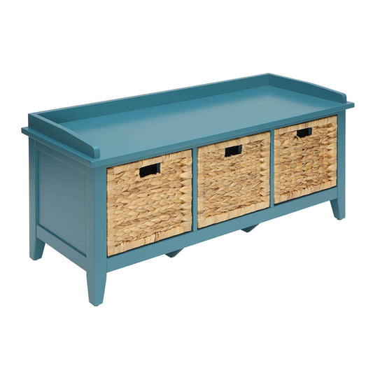 Teal wooden entryway bench with three woven hyacinth baskets for storage