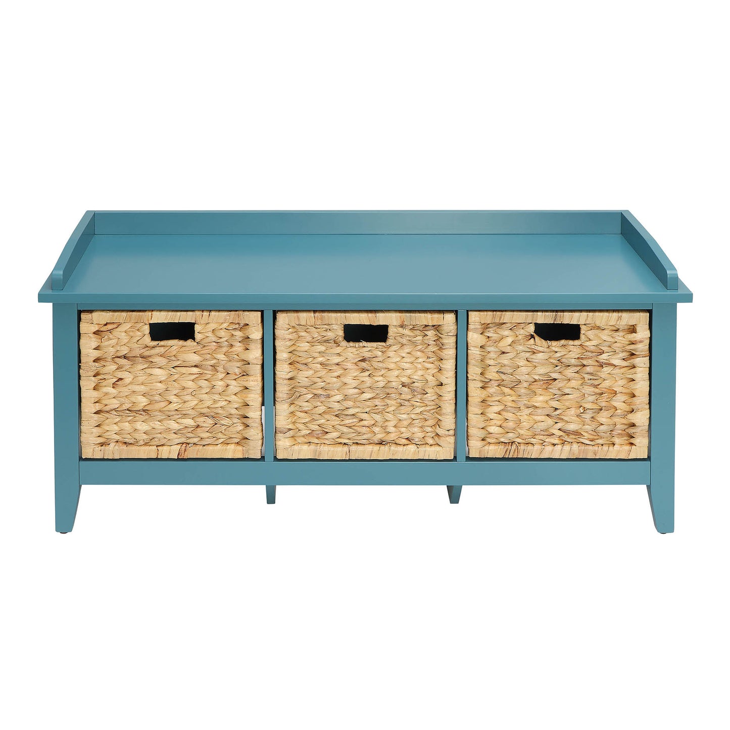 Teal wooden bench with three natural woven baskets for entryway storage