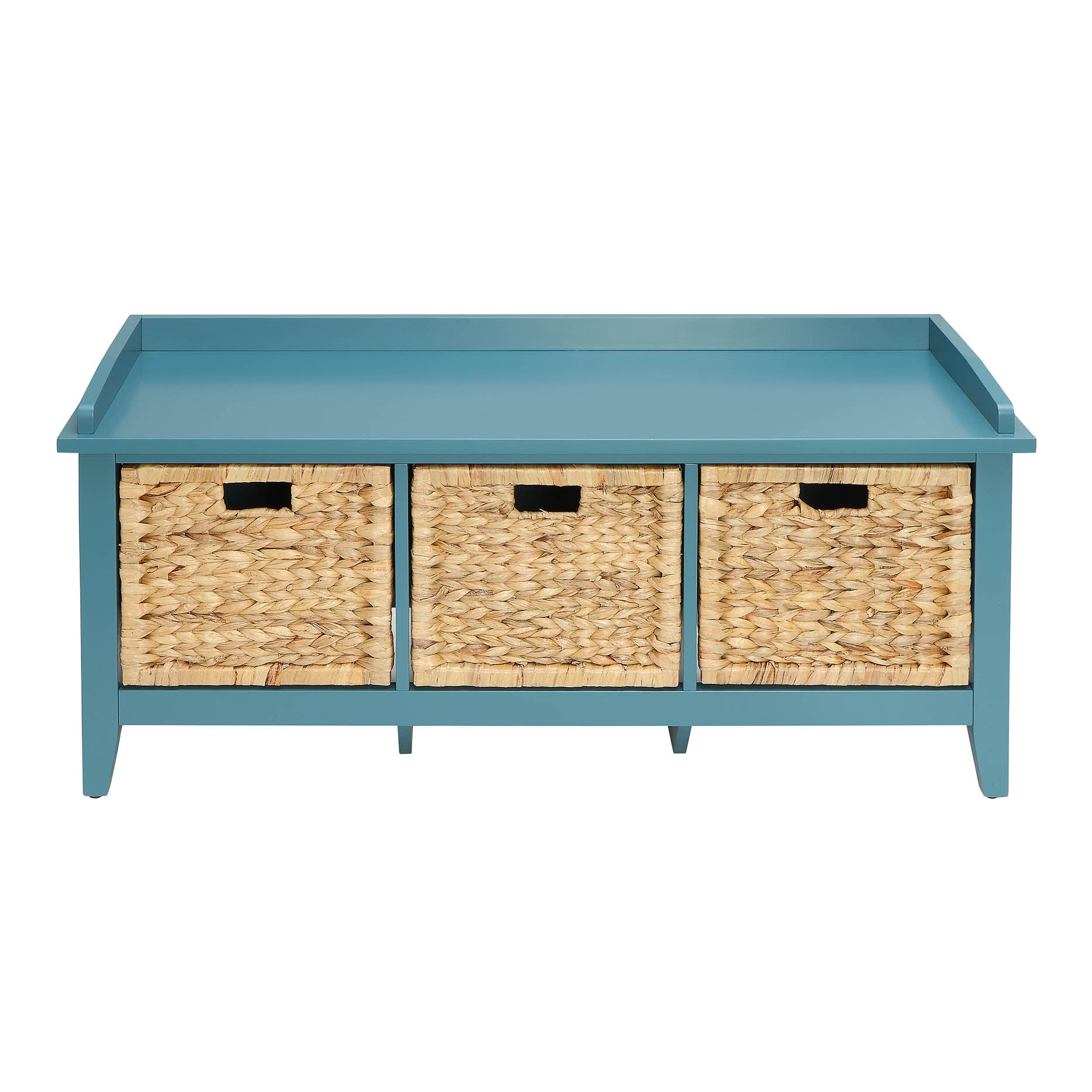 Teal wooden bench with three natural woven baskets for entryway storage