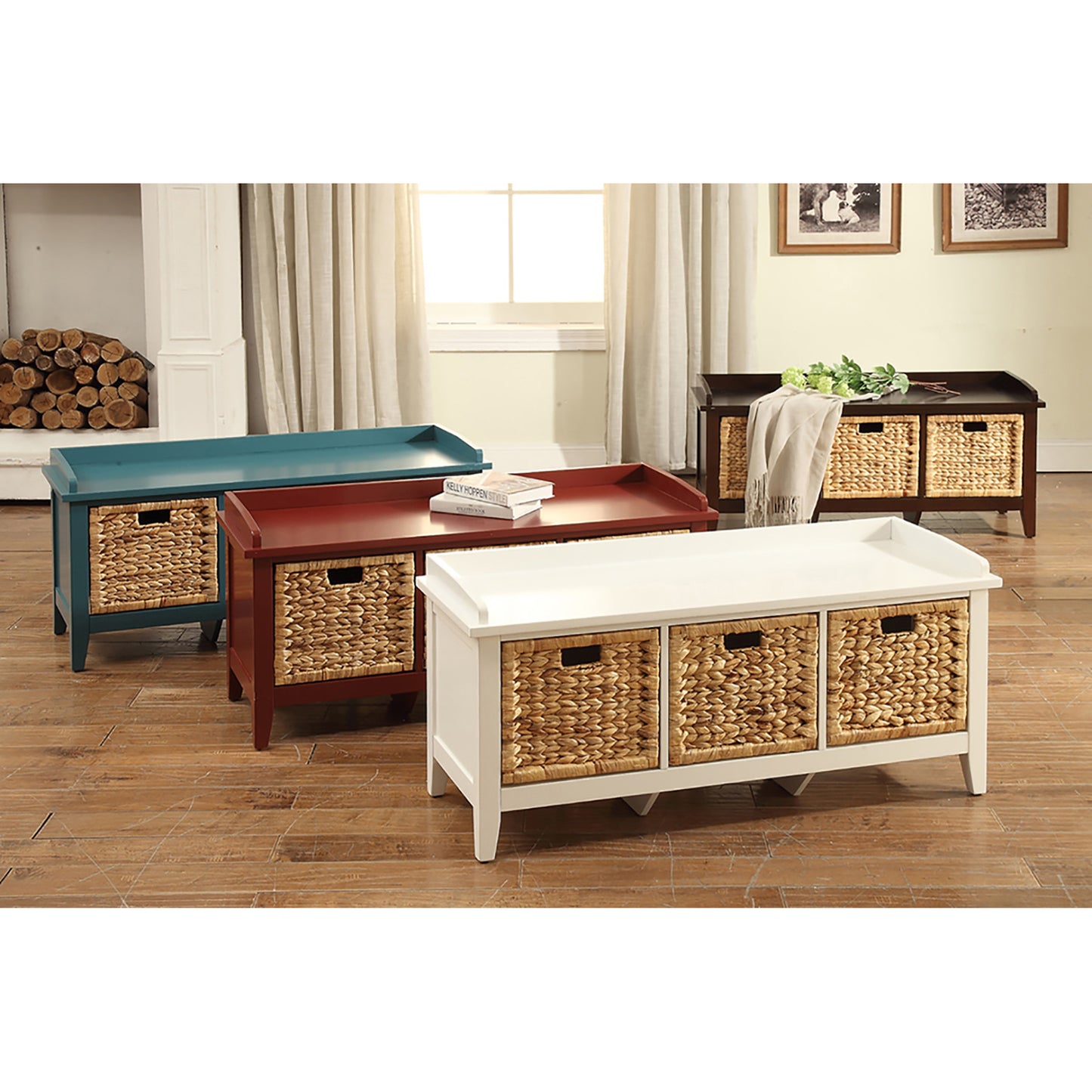 White storage bench with three woven baskets and a hinged lid
