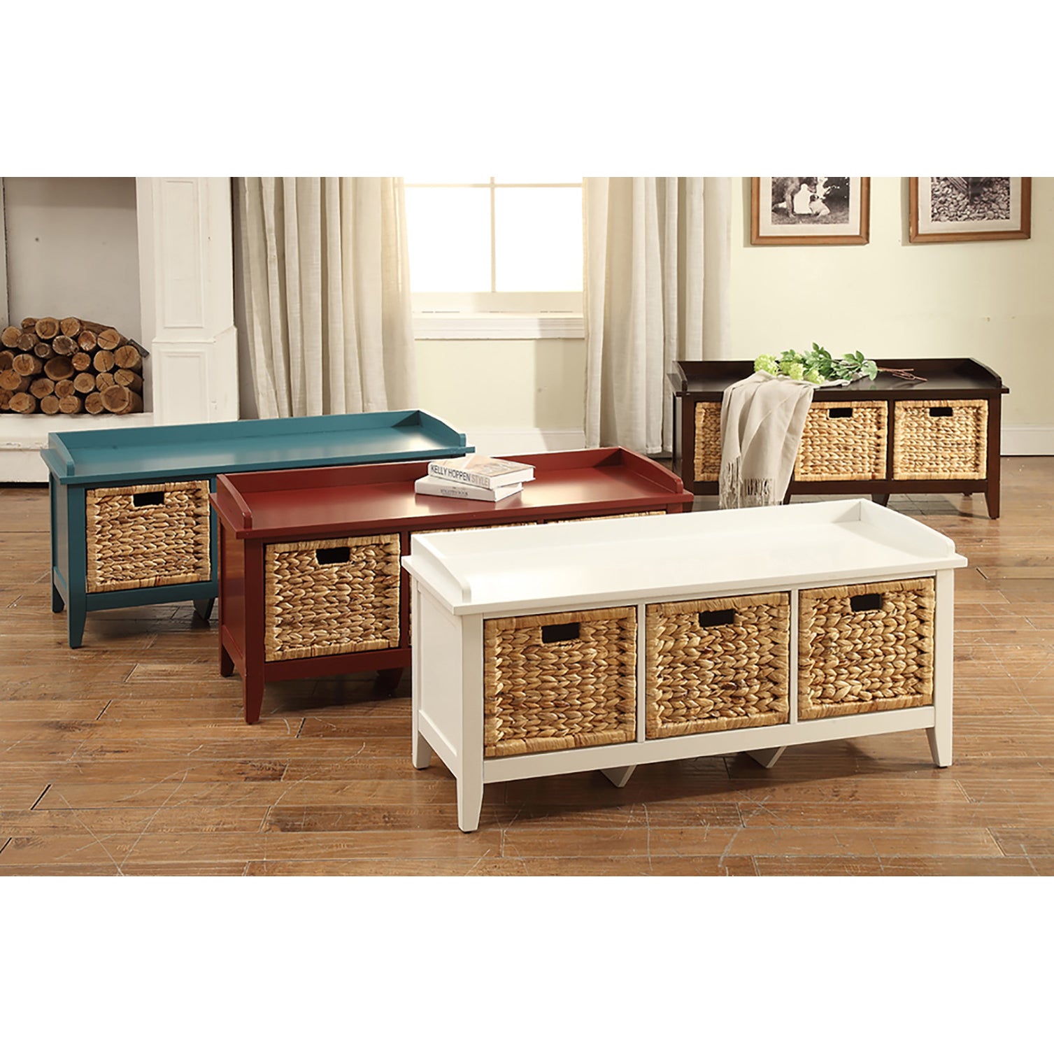 White storage bench with three woven baskets and a hinged lid