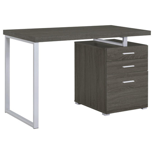 Modern dark wood desk with silver frame and three drawers for home office