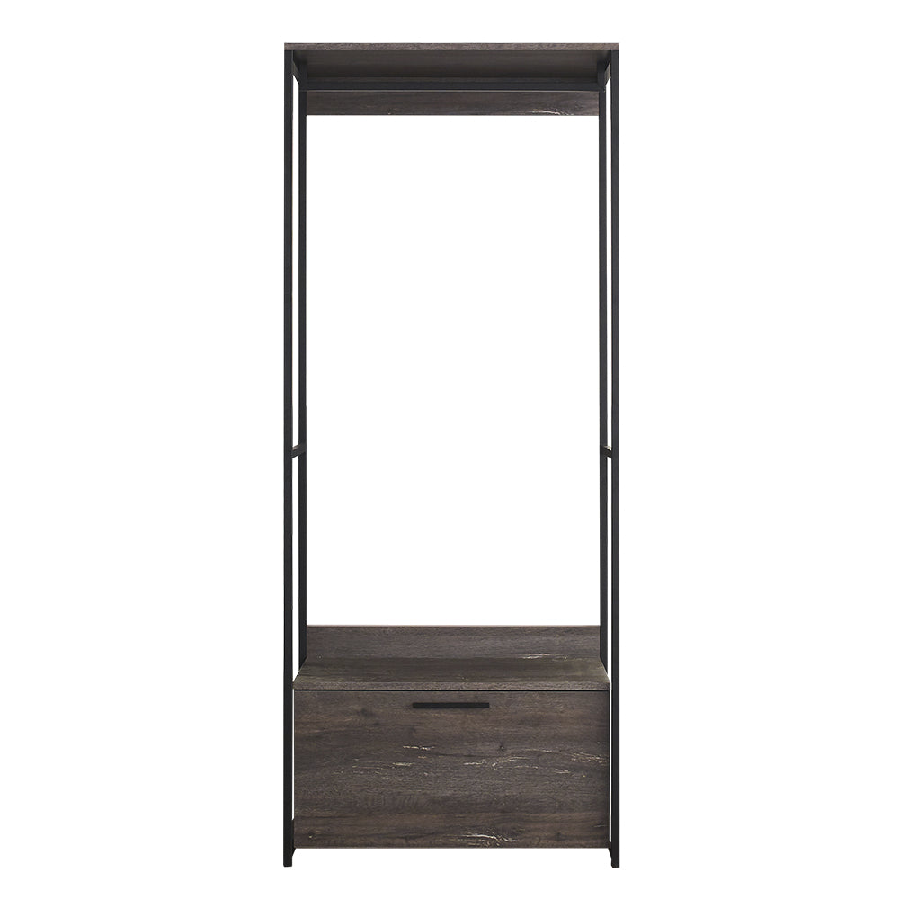 Industrial style tall shelf unit with dark wood finish and metal frame