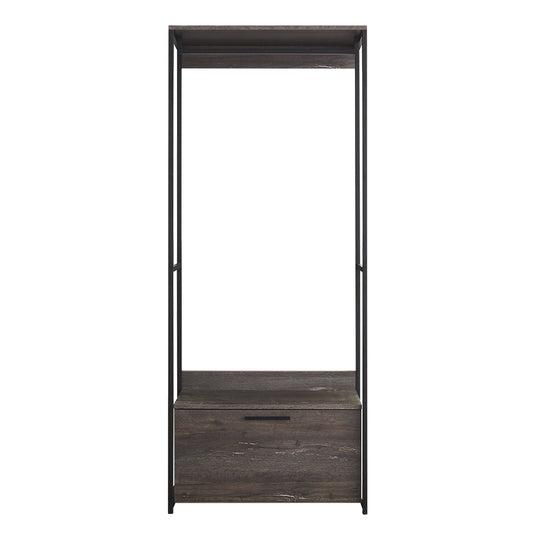 Industrial style tall shelf unit with dark wood finish and metal frame