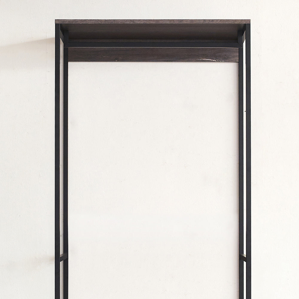 Modern black metal and dark wood shelf unit