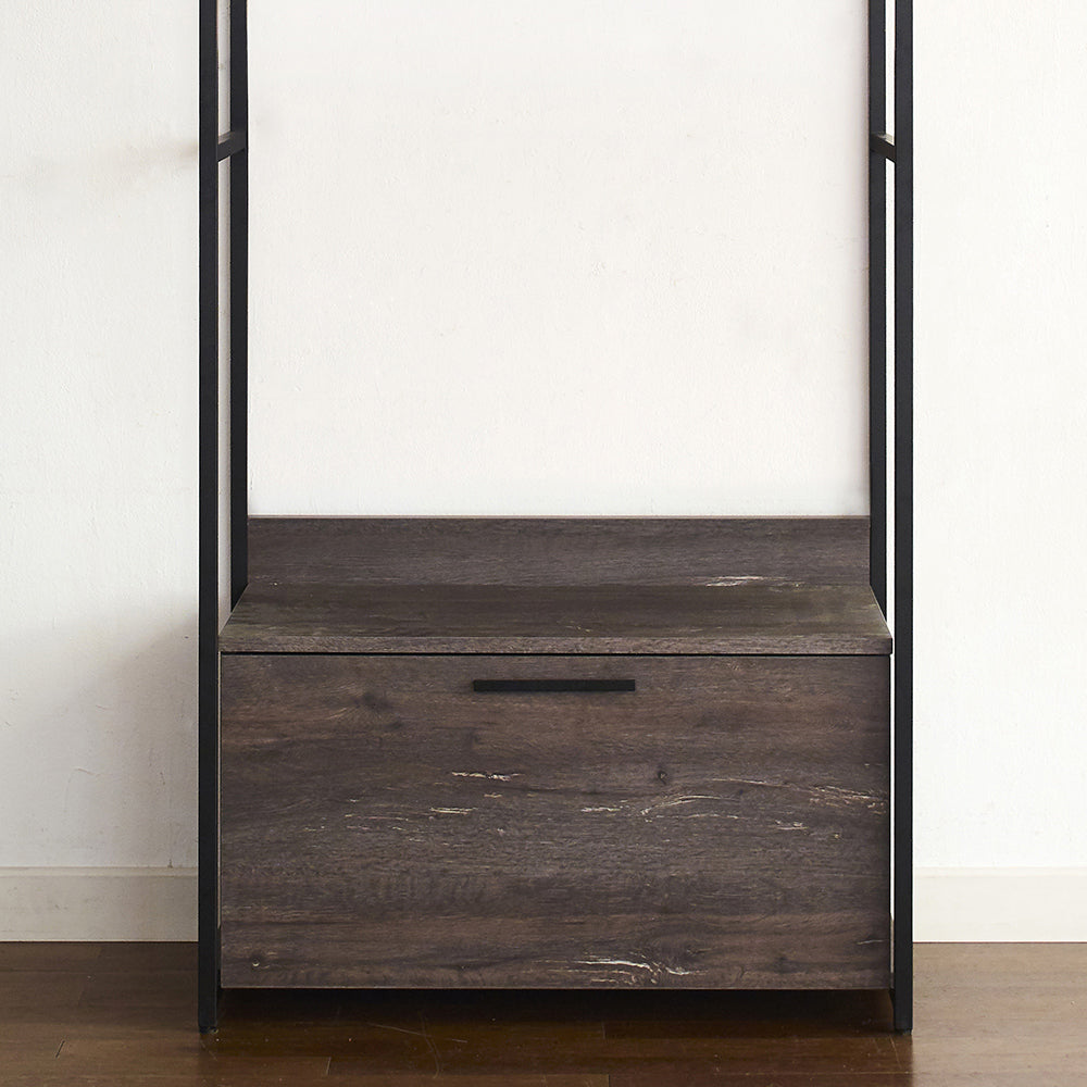 Dark wood bench with black metal frame and single drawer