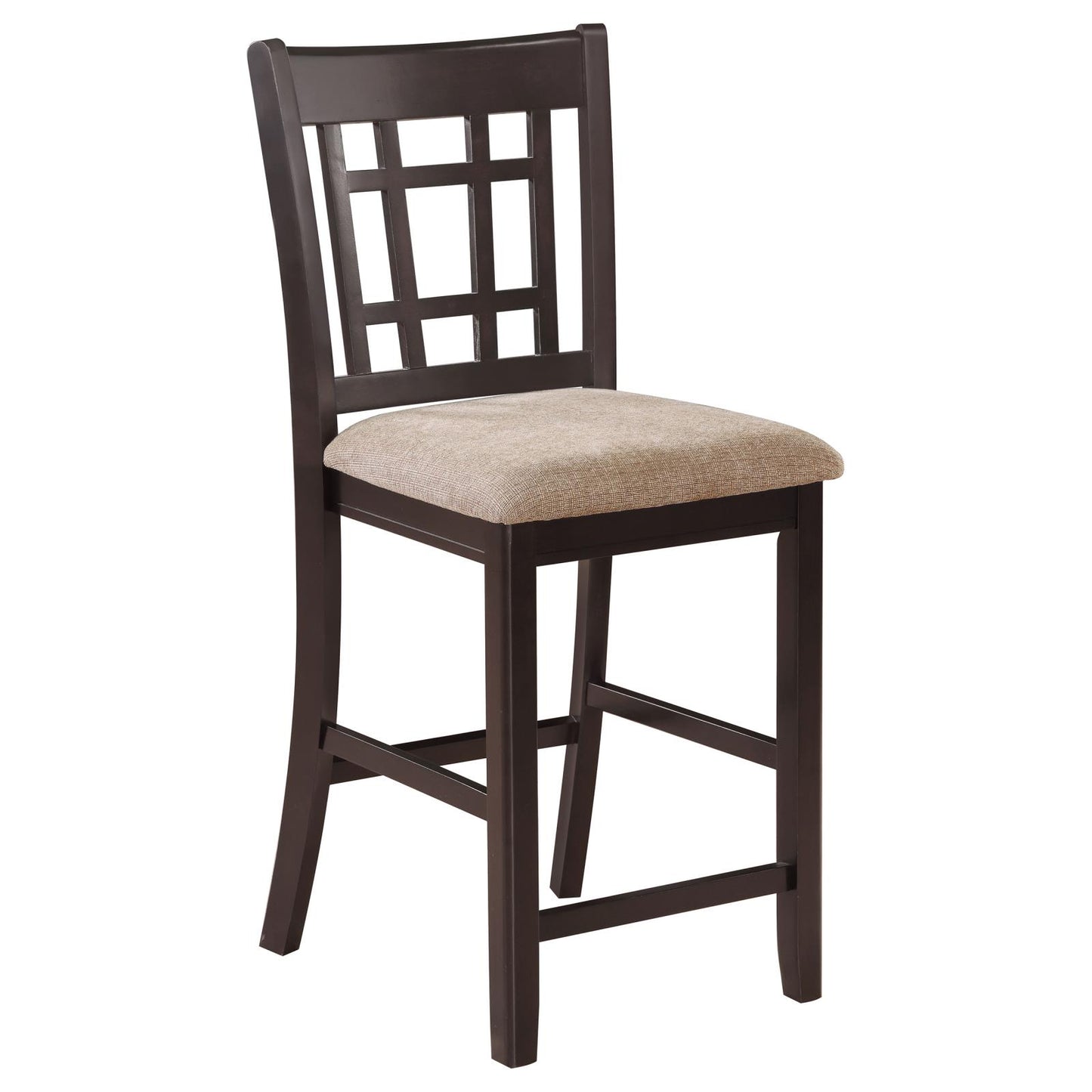 Dark espresso bar stool with a patterned upholstered seat and geometric backrest