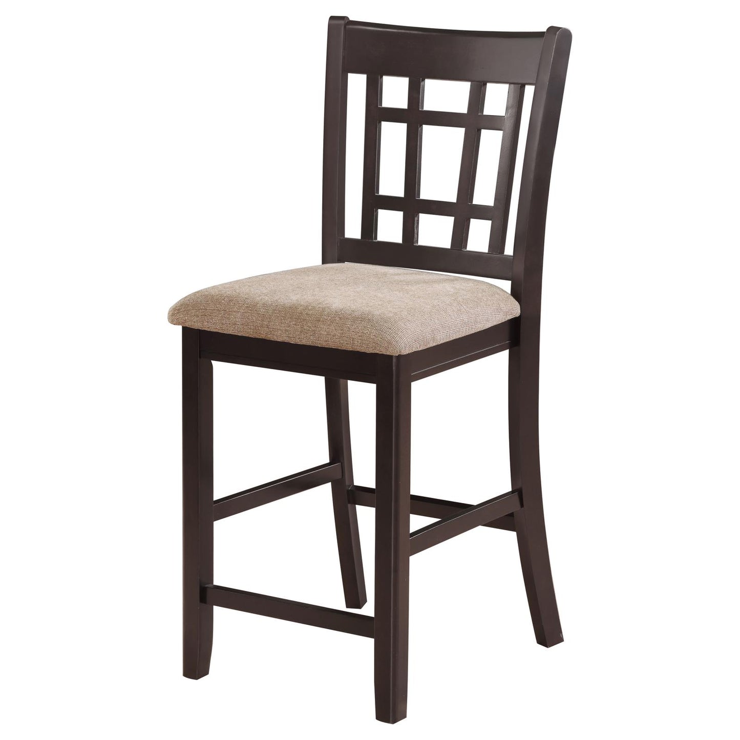 Dark wood counter stool with a woven tan upholstered seat and geometric back