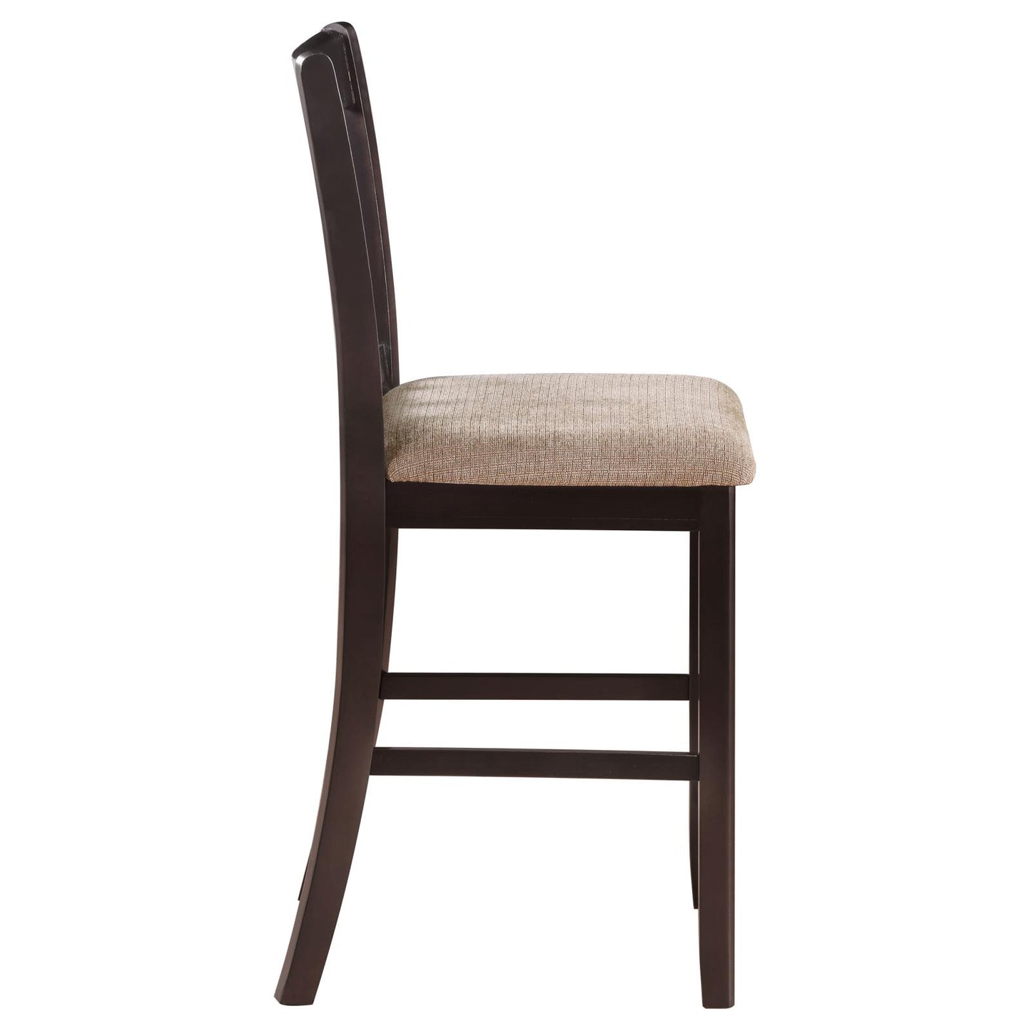 Dark wood bar stool with neutral textured fabric seat side view