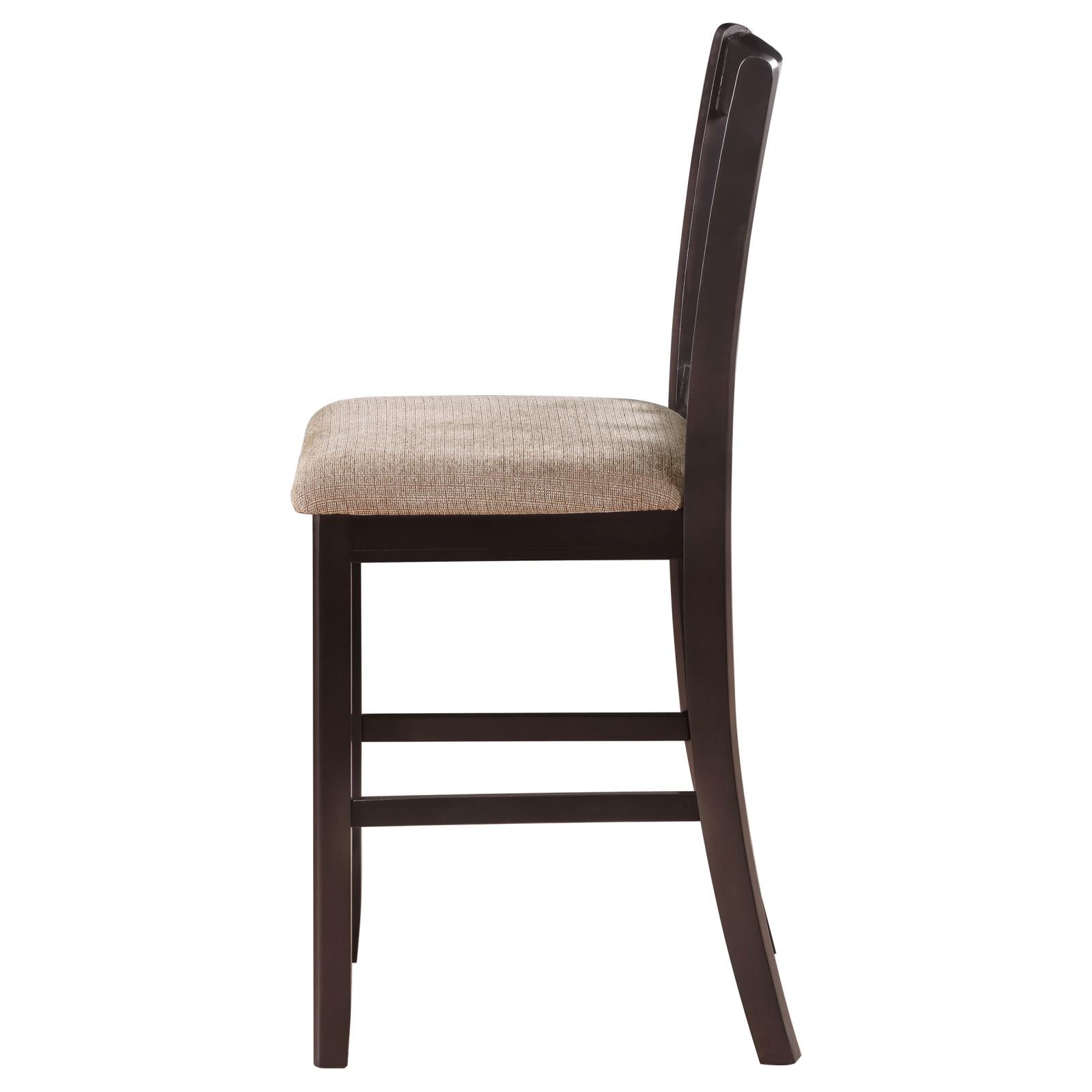 Dark wood counter stool with textured beige upholstered seat