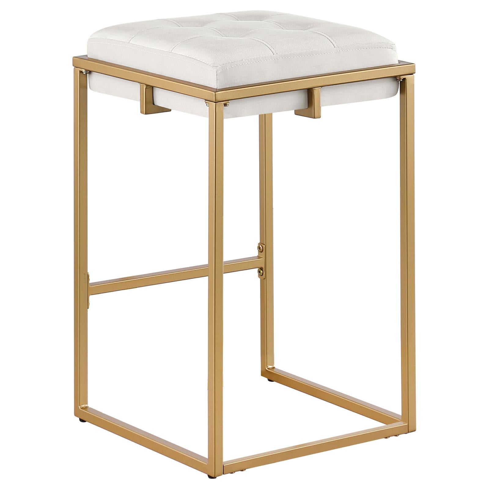 White tufted upholstered bar stool with gold metal frame
