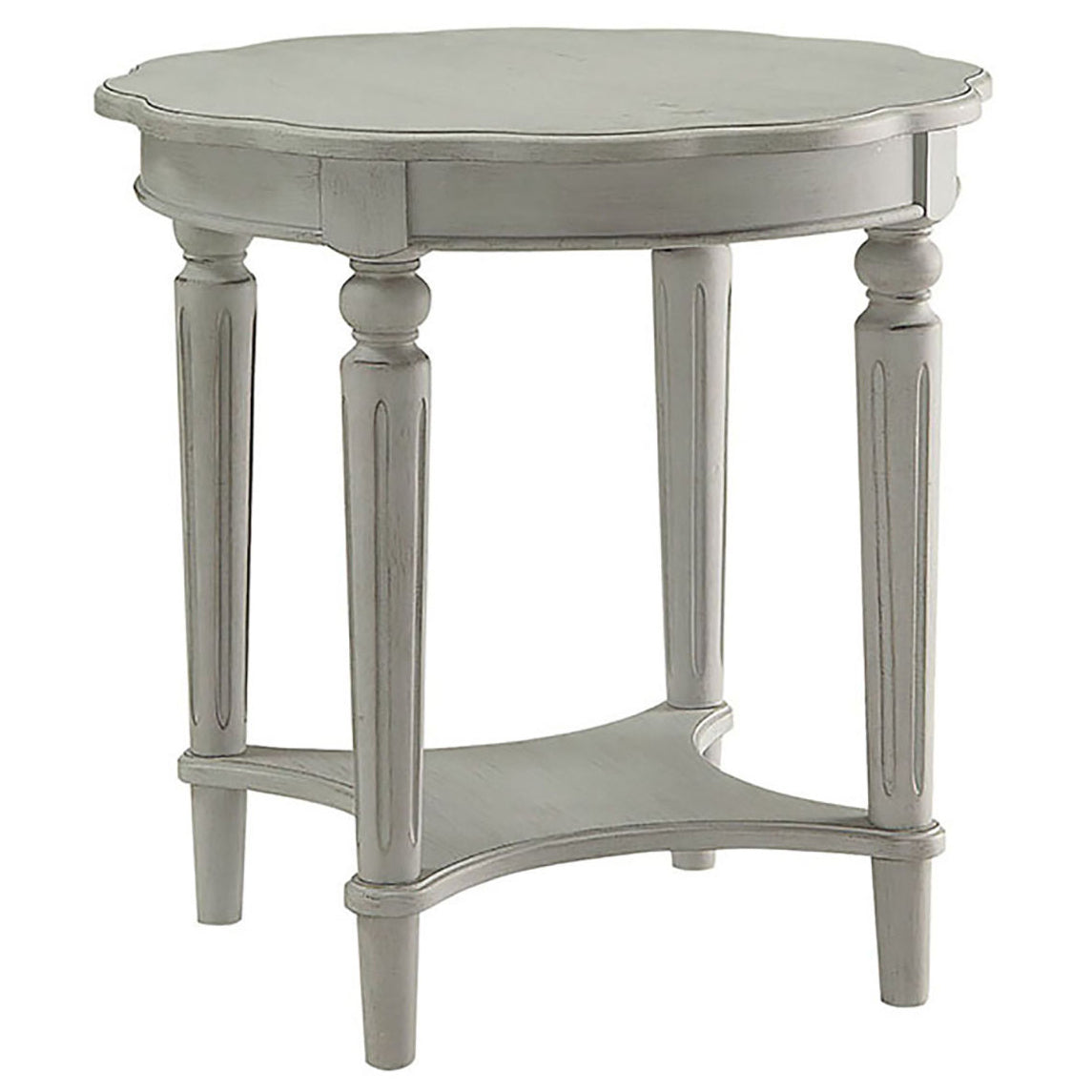 Distressed gray wood oval side table with carved legs and lower shelf