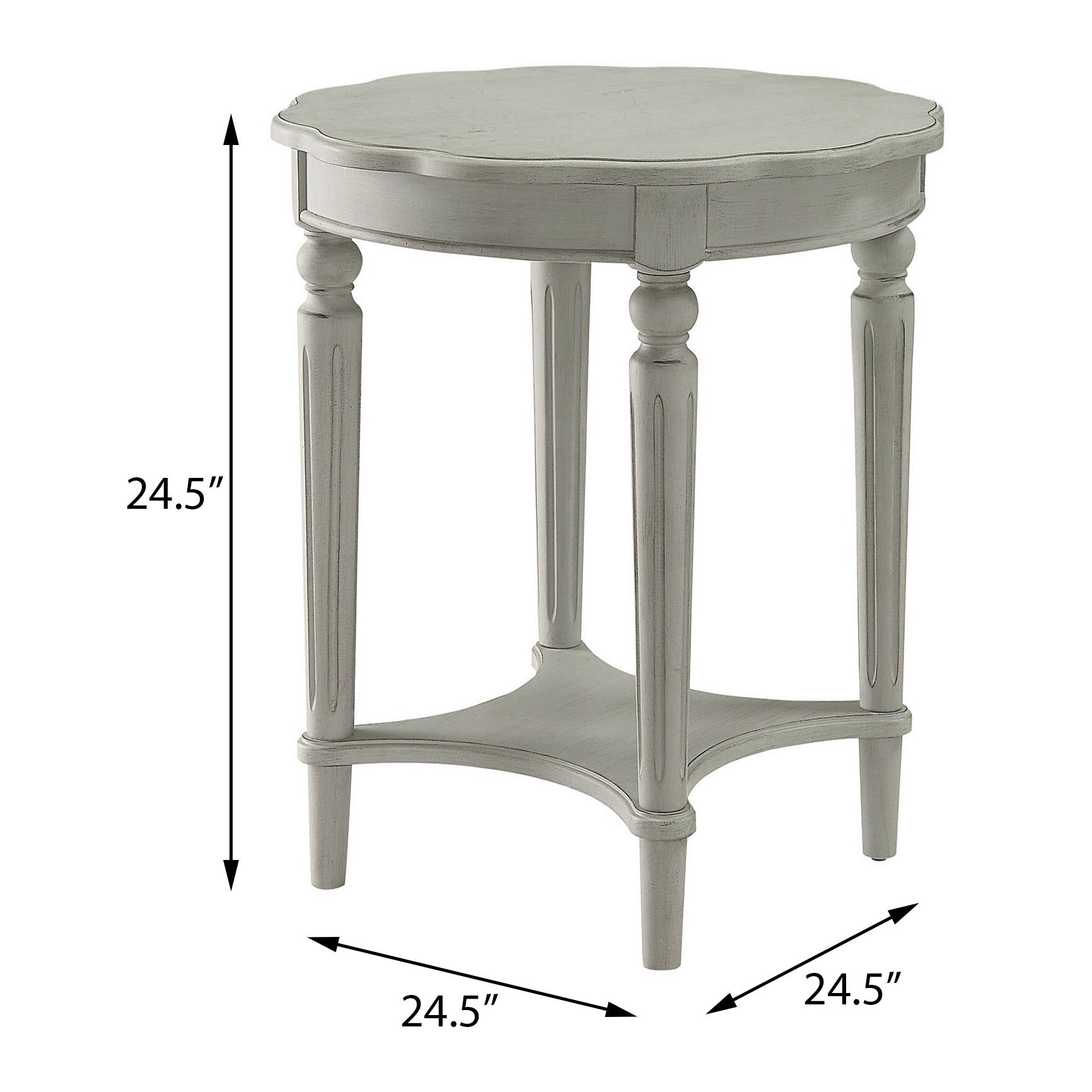 Vintage grey round accent table with carved legs and lower shelf  inches tall