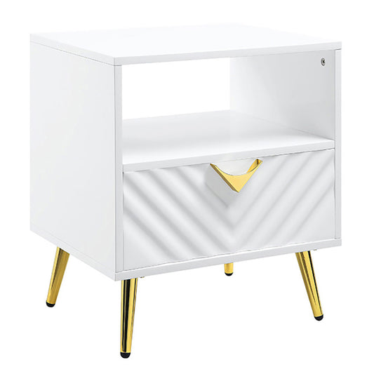 White modern nightstand with gold accents featuring a single drawer and open shelf