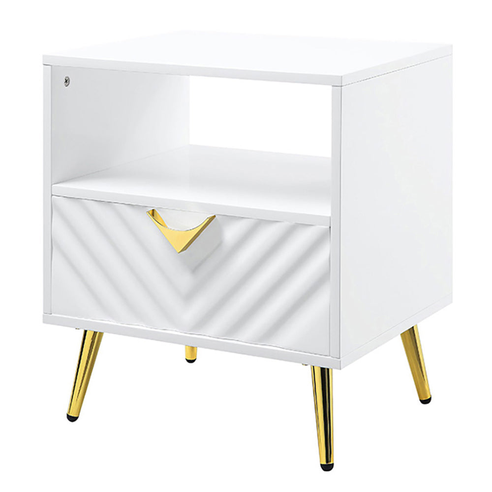 Modern white nightstand with chevron drawer and gold handle