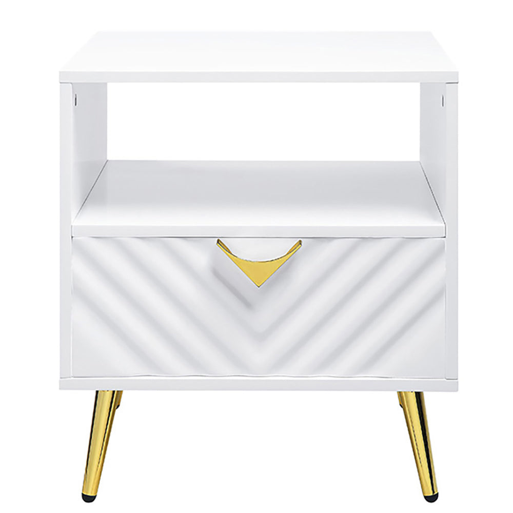 White nightstand with chevron drawer detail and gold legs