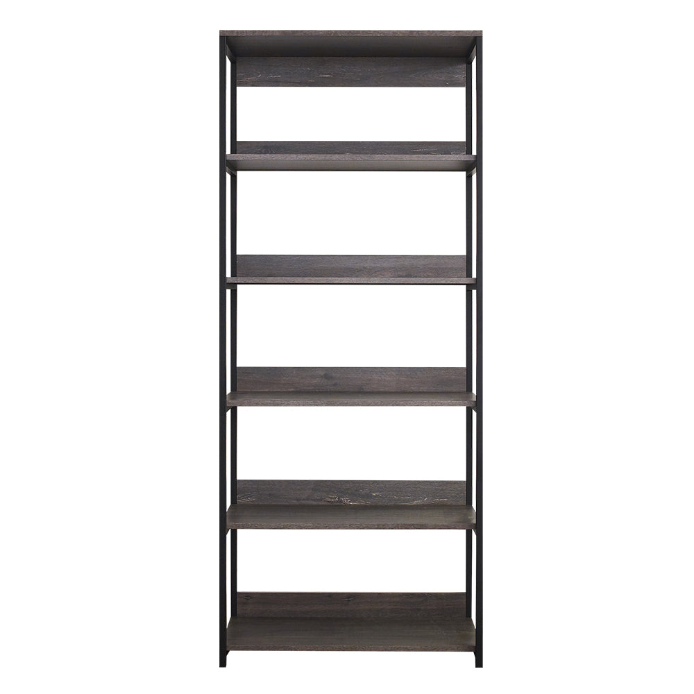 Dark wood bookshelf with black metal frame