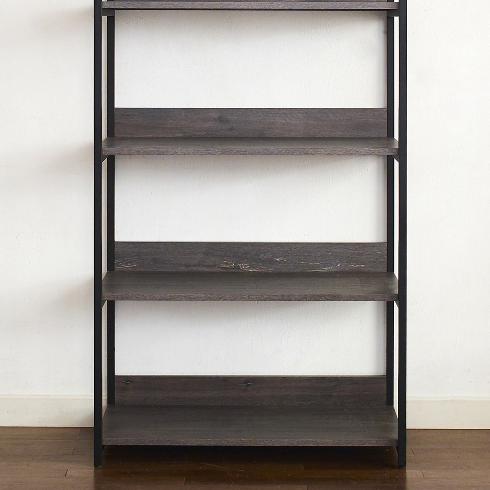 Modern industrial black metal and dark wood fourshelf bookcase