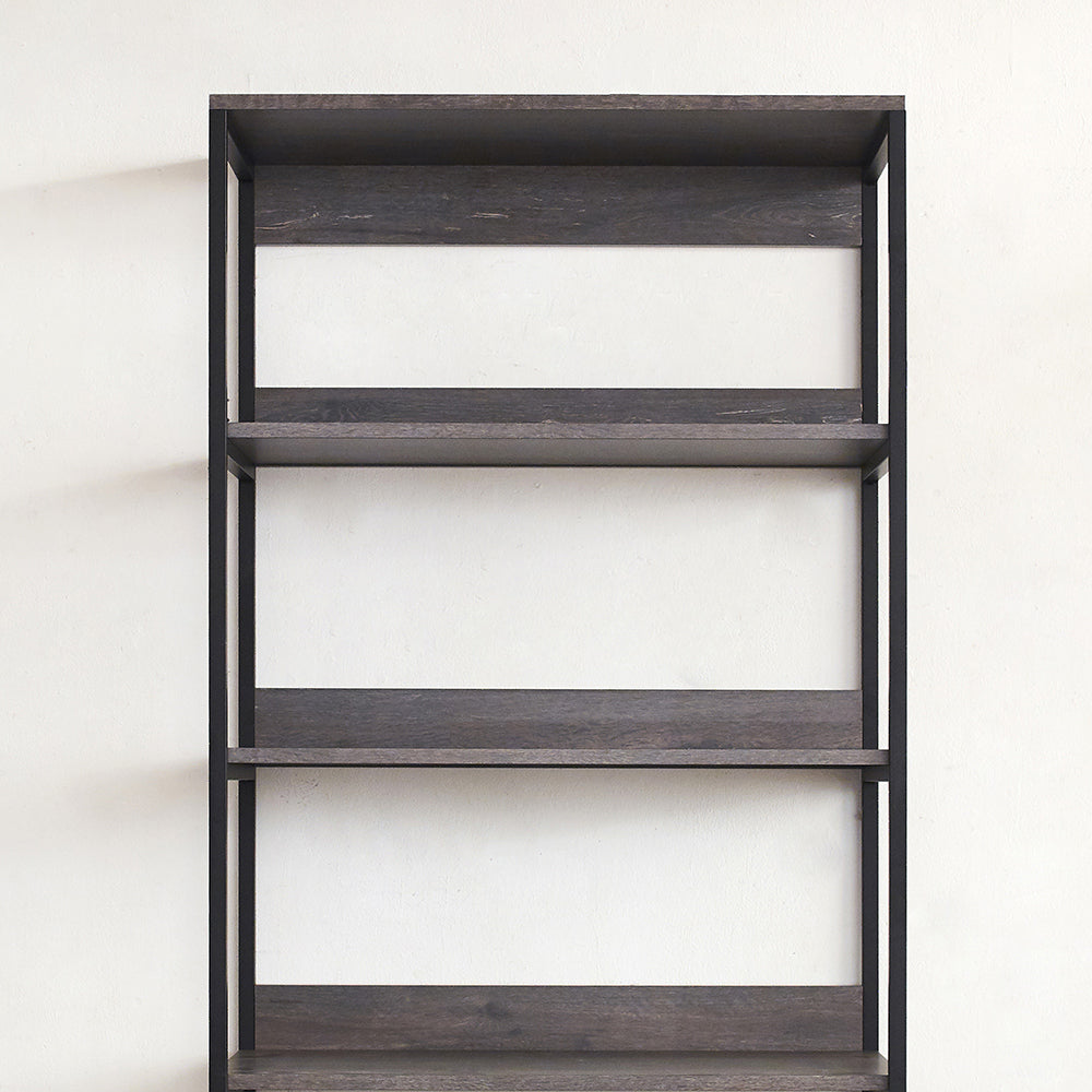 Modern threeshelf industrial bookshelf with dark wood planks and black metal frame