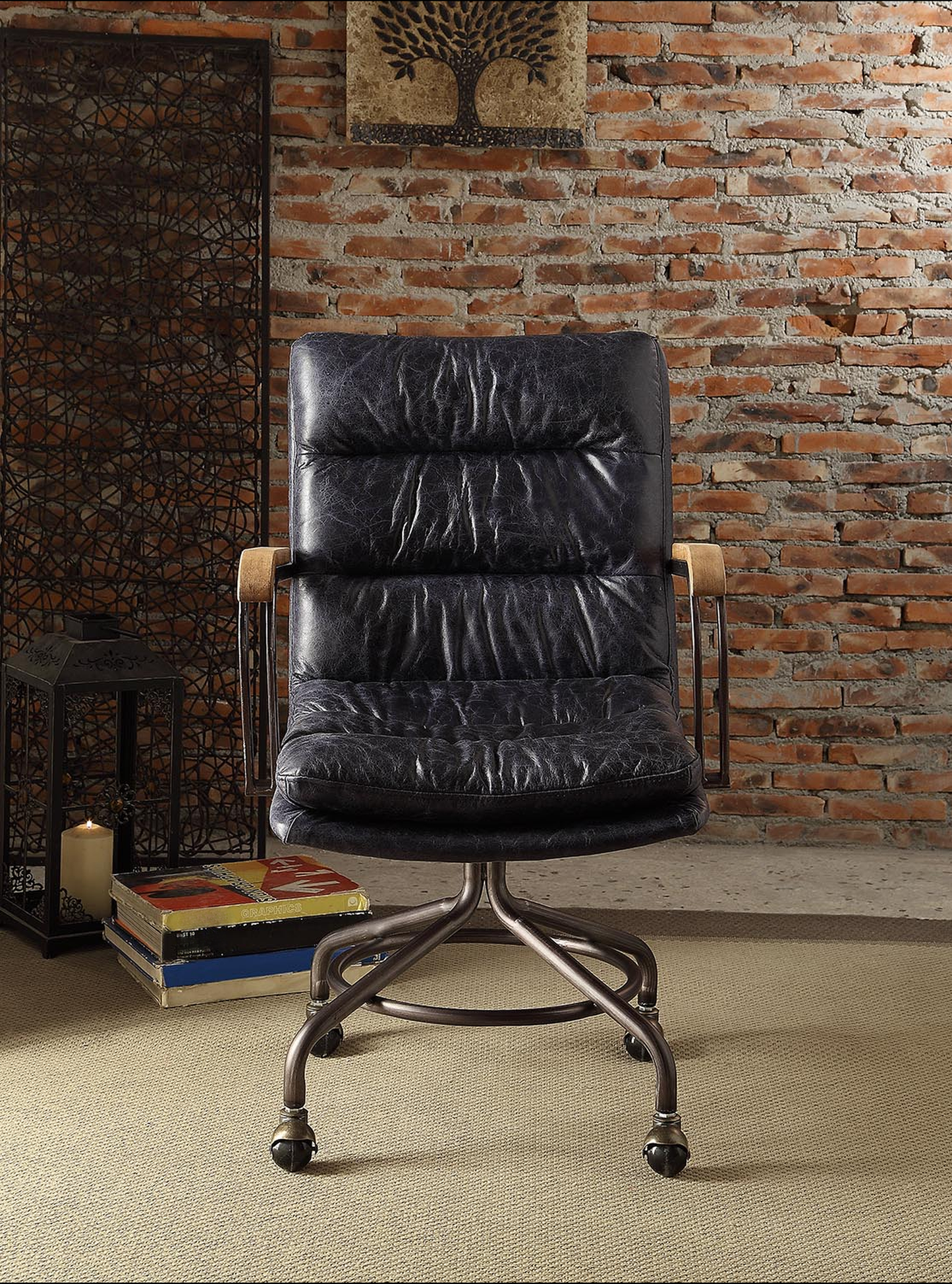 Dark blue distressed leather office chair with wood armrests and metal base