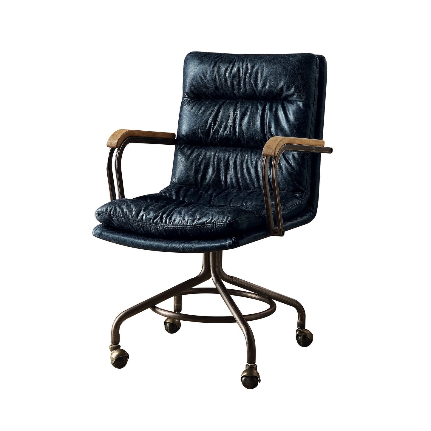 Distressed navy blue leather office chair with tufted seat and wooden armrests
