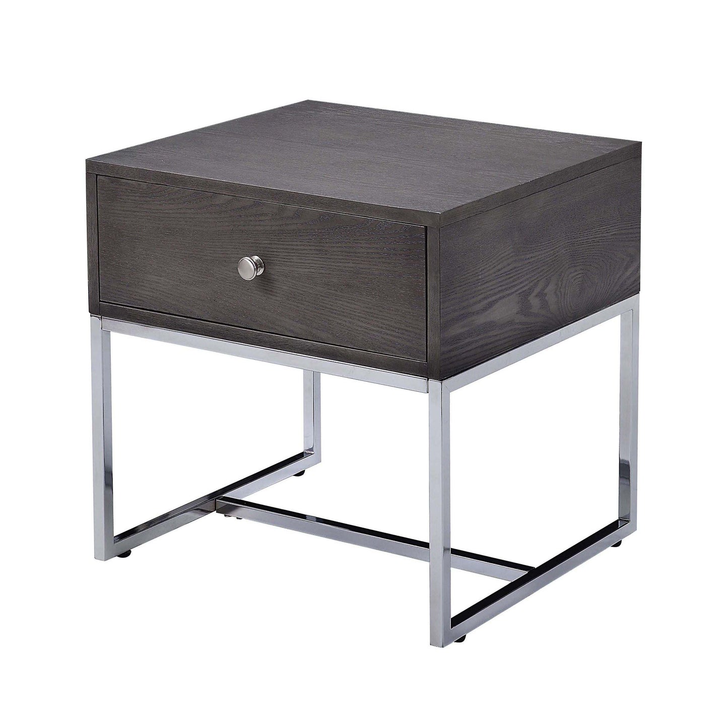 Dark grey wood veneer nightstand with chrome legs and single drawer