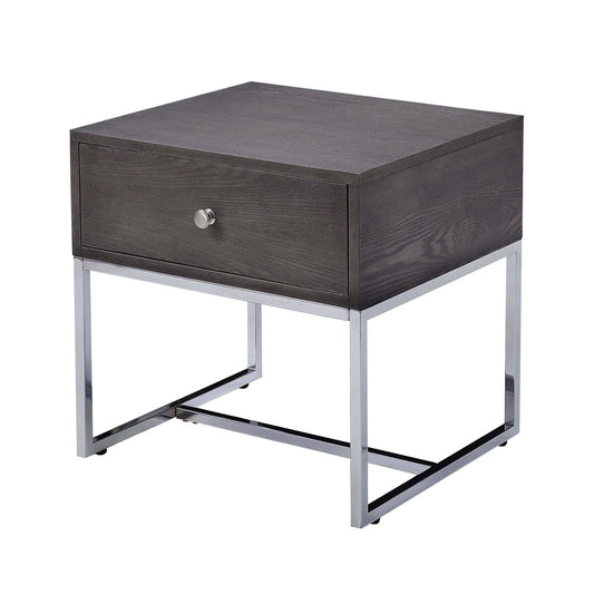 Dark grey wood veneer nightstand with chrome legs and single drawer