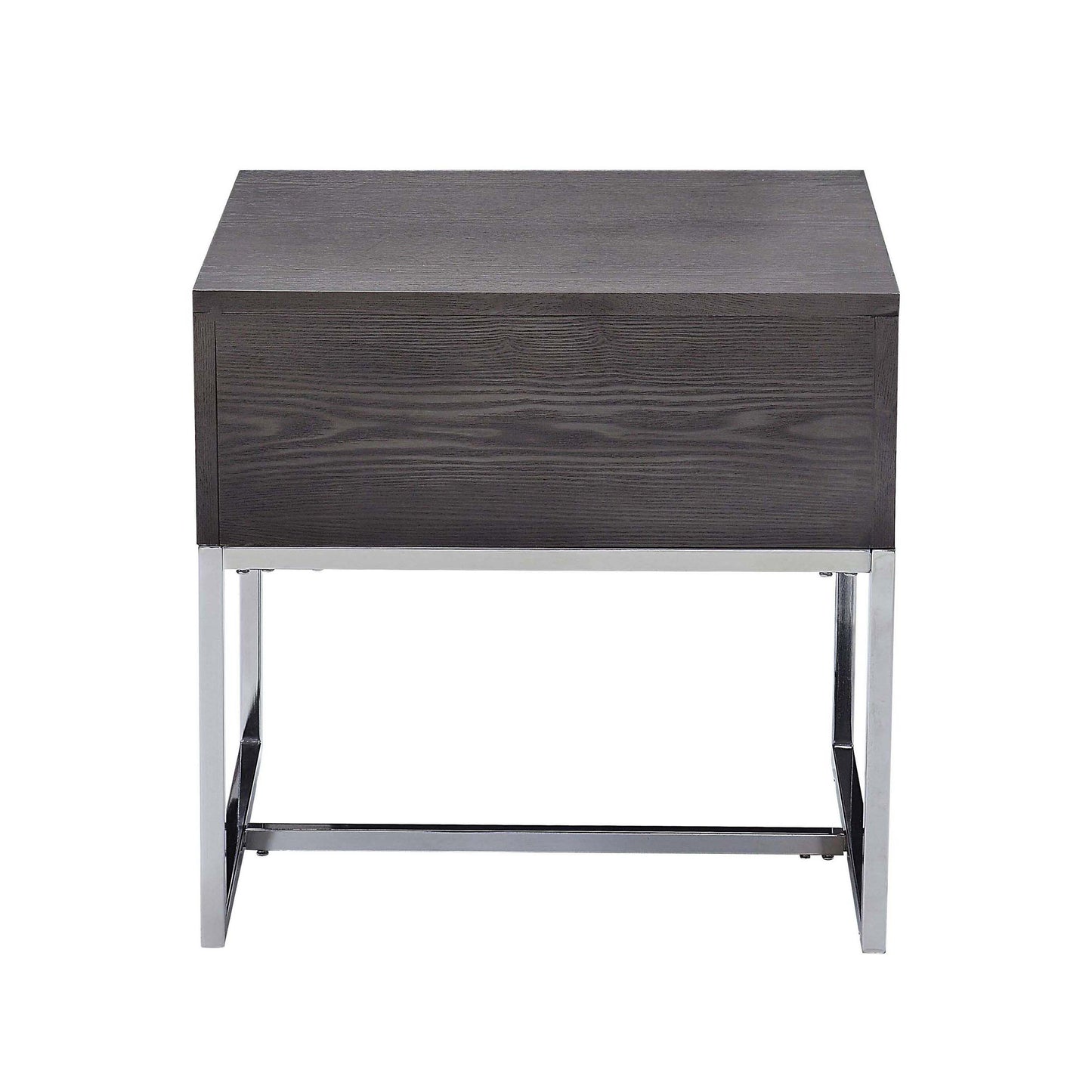 Dark grey wood veneer nightstand with chrome legs and open shelf