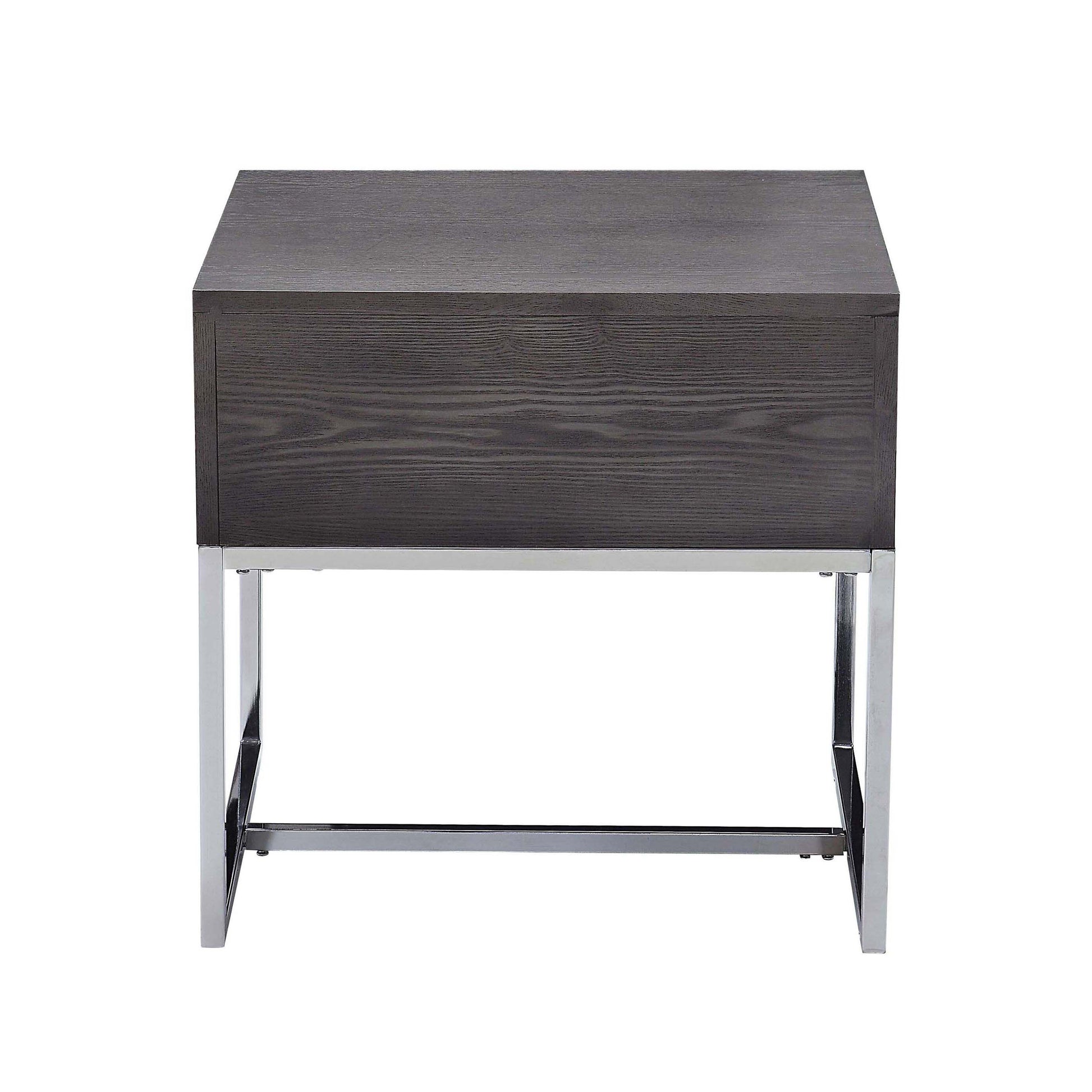 Dark grey wood veneer nightstand with chrome legs and open shelf